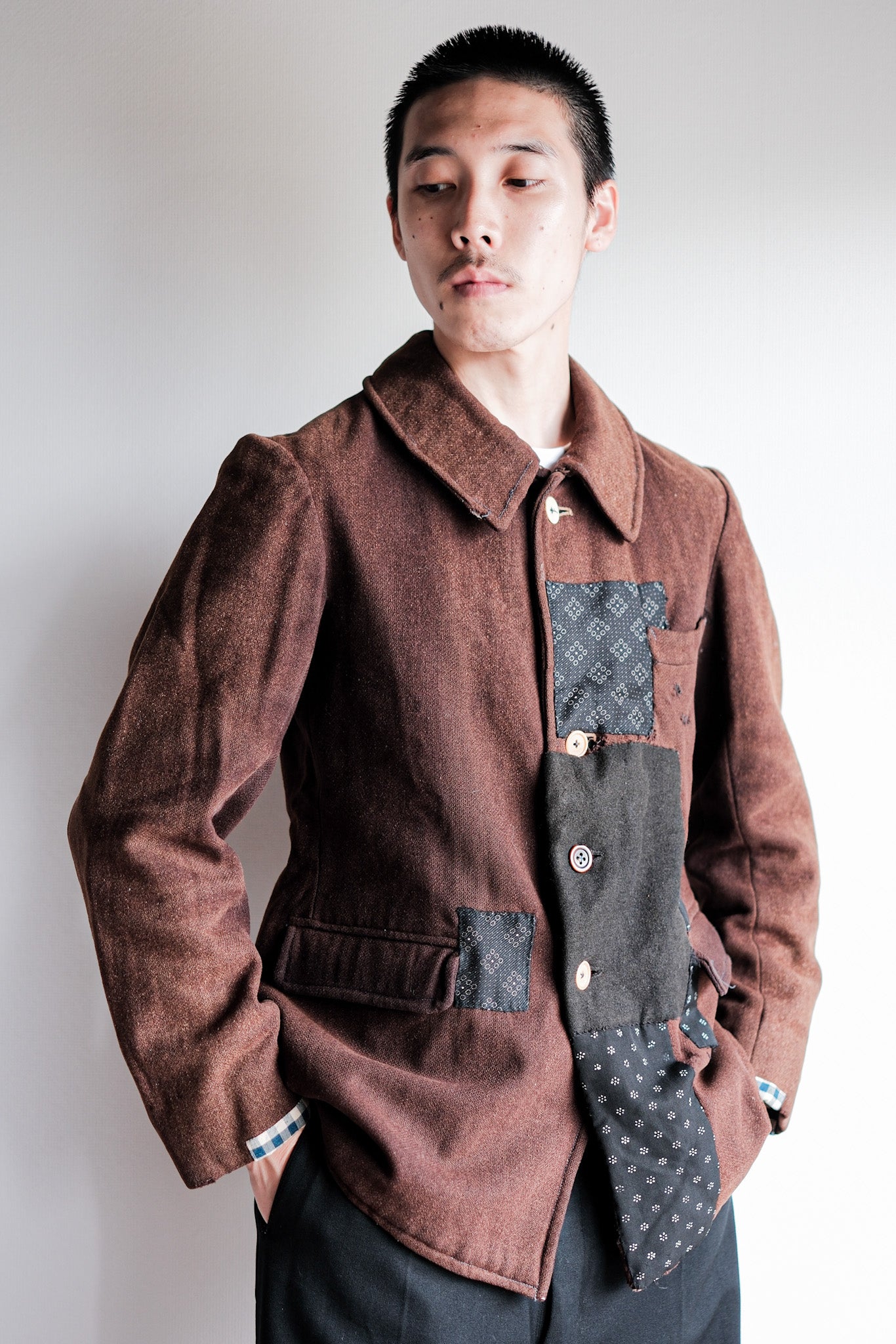 【~20's】French Vintage Brown Wool Work Jacket "Patchwork"