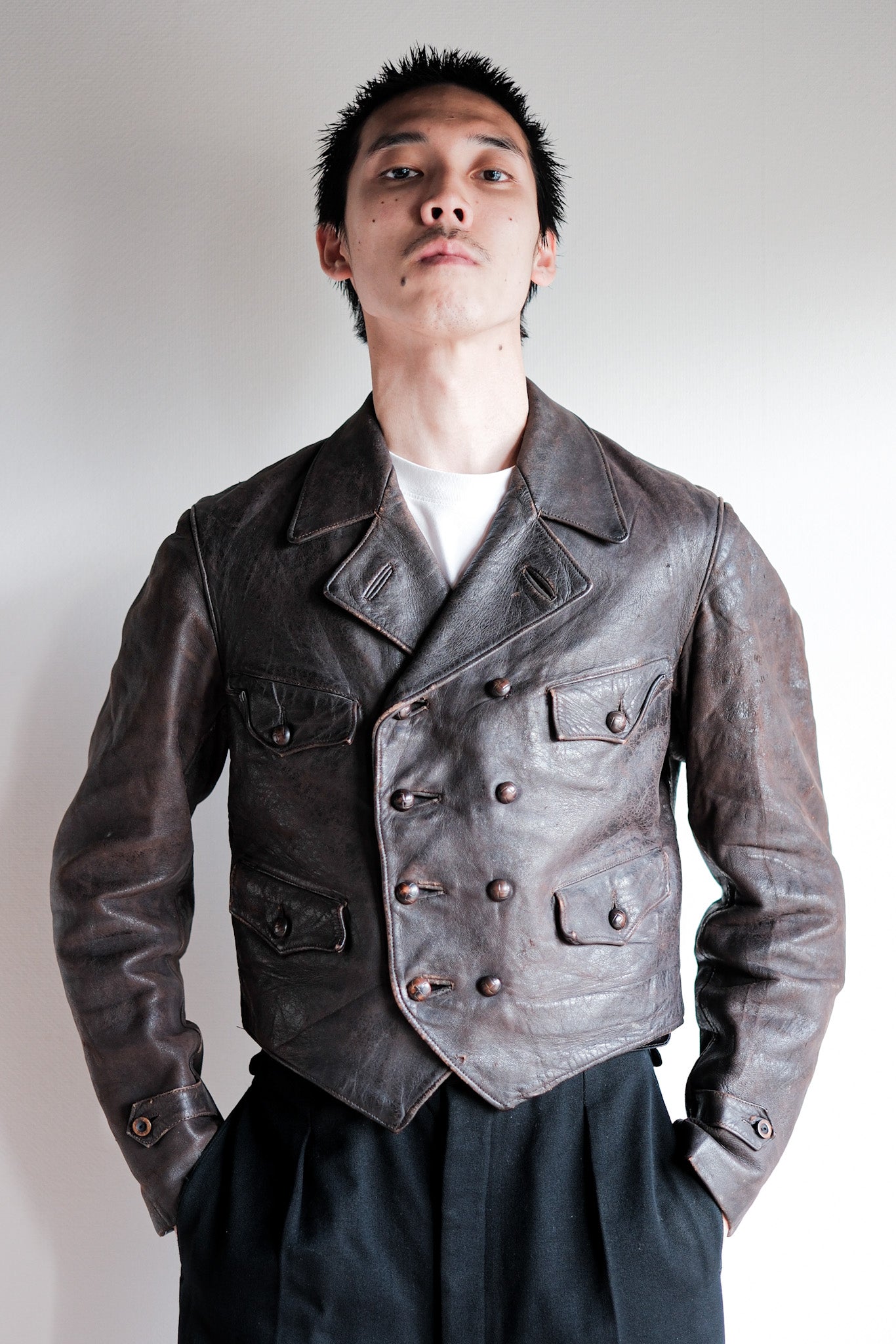 40's】German Vintage Double Breasted Motorcycle Leather Jacket