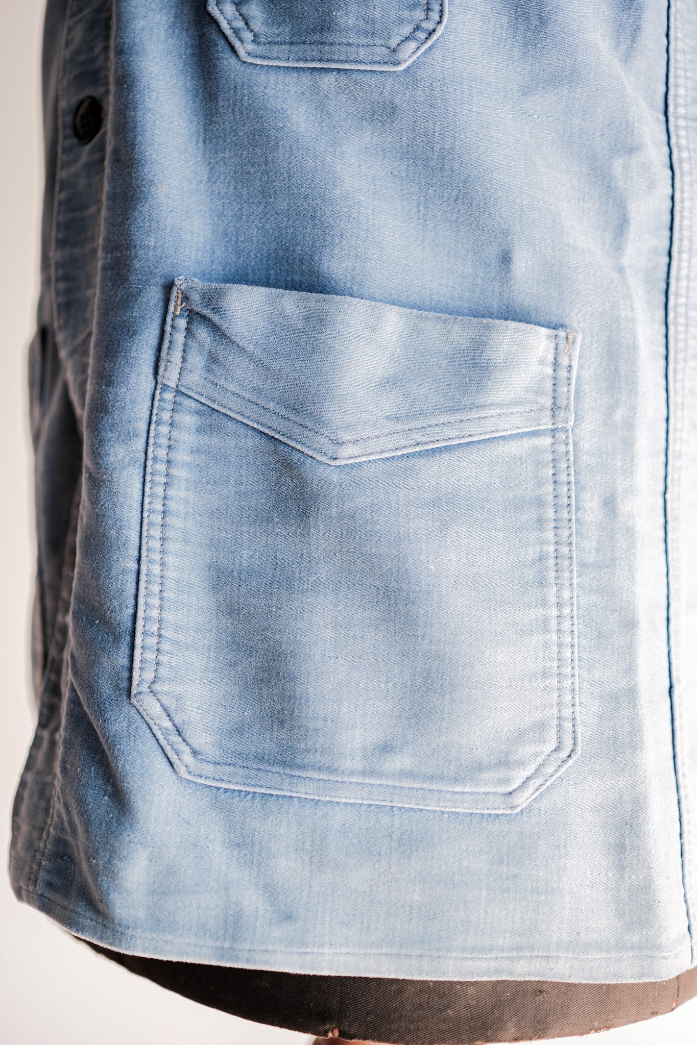 [~ 40 '] 프랑스 빈티지 블루 몰스 피부 작업 재킷 "4 버튼"