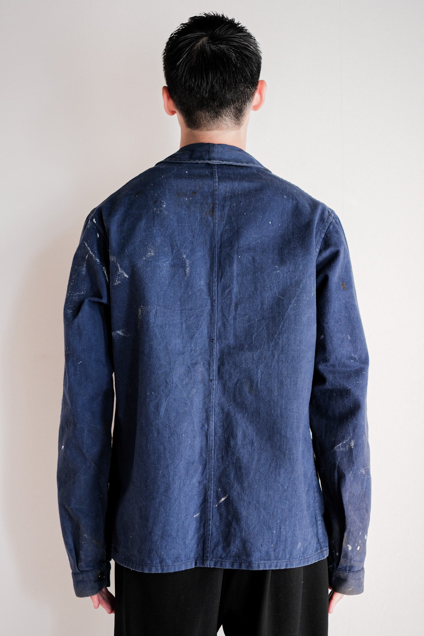 【~50's】French Vintage Double Breasted Indigo Cotton Twill Work Jacket "Crazy Paint"
