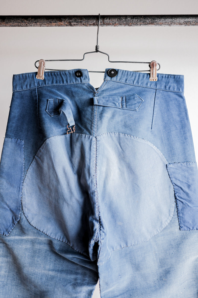 【~30's】French Vintage Blue Moleskin Work Pants "Patchwork"
