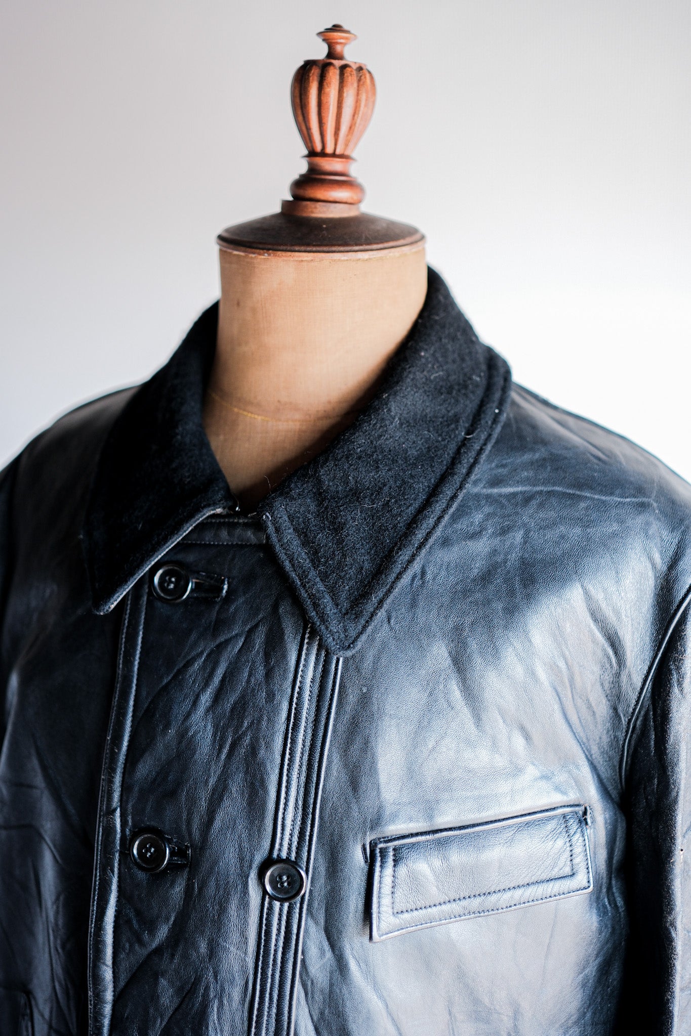 【~60's】French Vintage Le Corbusier Leather Work Jacket Size.54 "Wool Collar"