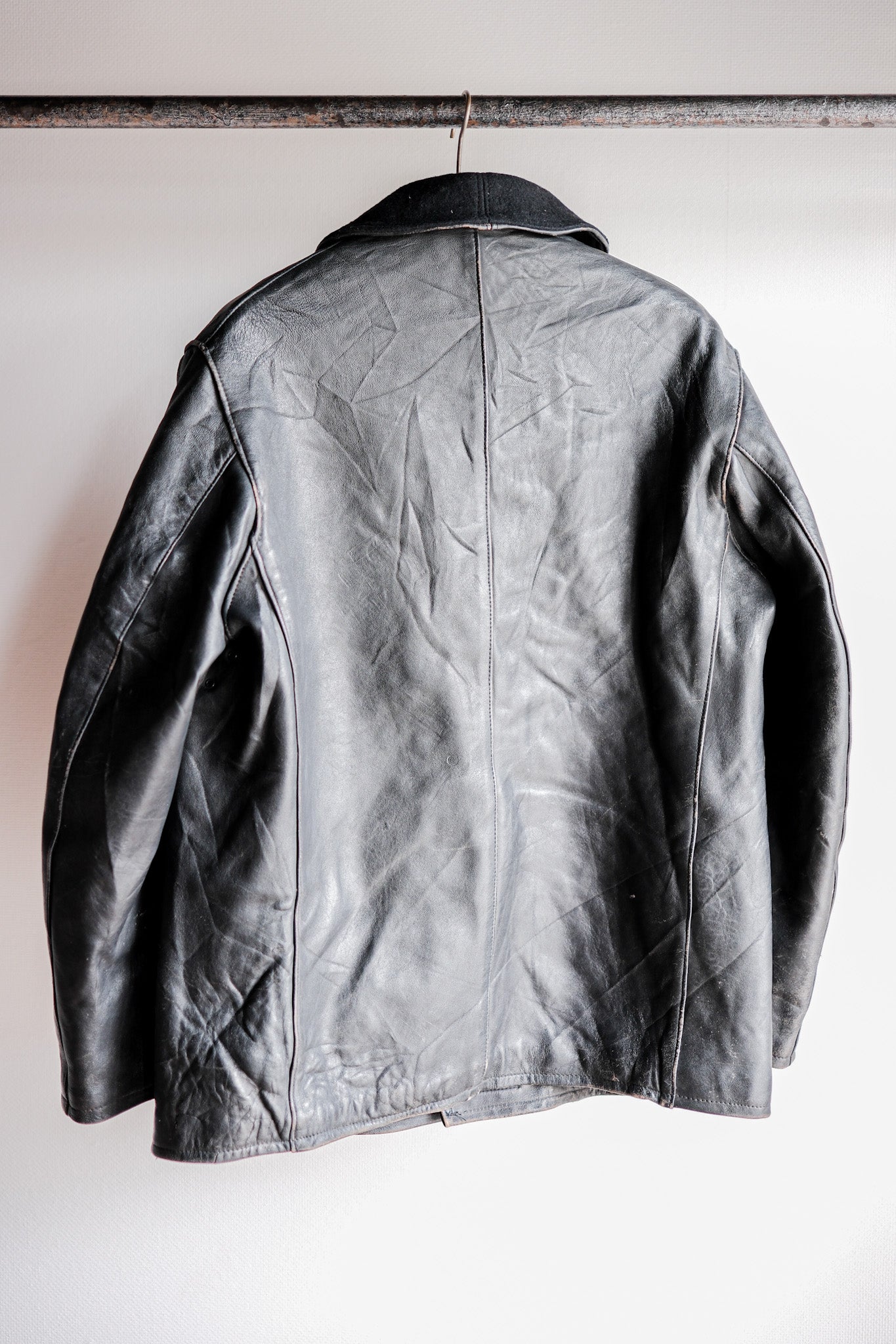 ［~60's］French Vintage Black Leather Work Jacket "Wool Collar"