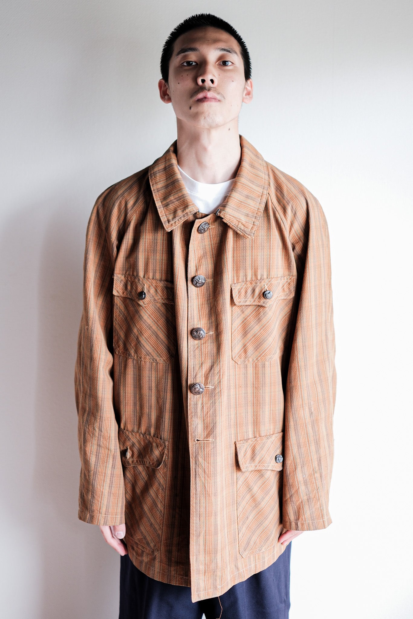 【~50's】French Vintage Brown Cotton Striped Raglan Sleeve Hunting Jacket With Chin Strap "Unusual Pattern"