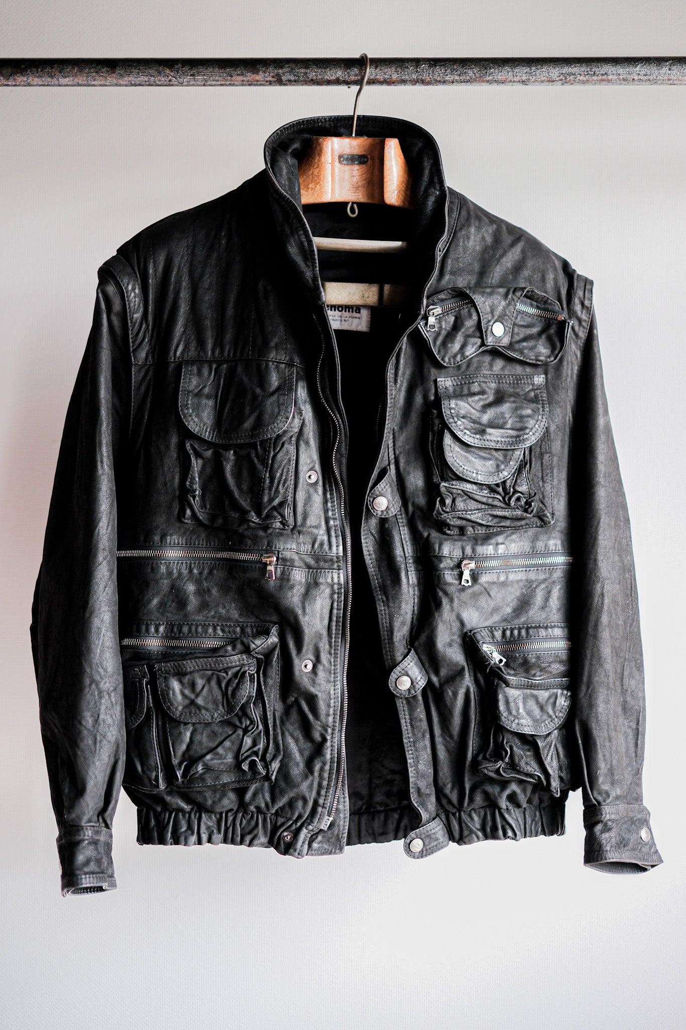 ［~90's］Old Renoma Paris Black Leather Detachable Sleeve Multi Pocket Jacket Size.M