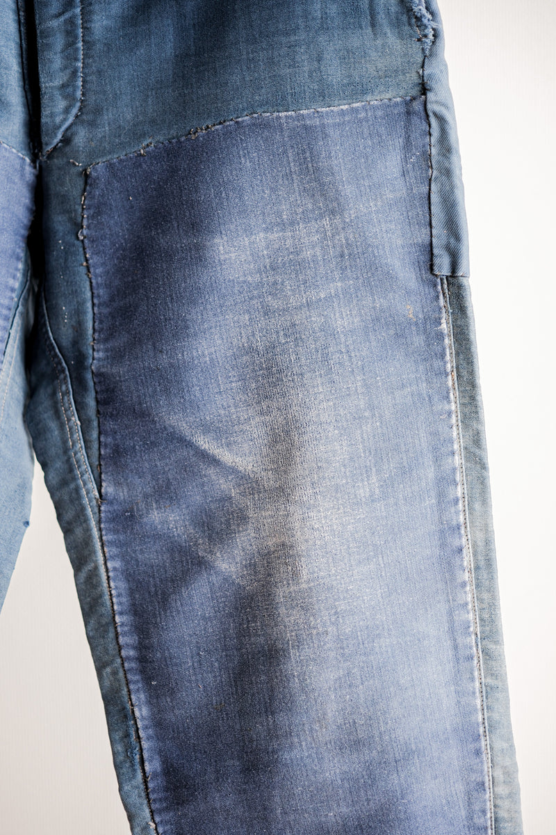 【~30's】French Vintage Blue Moleskin Work Pants "Patchwork"