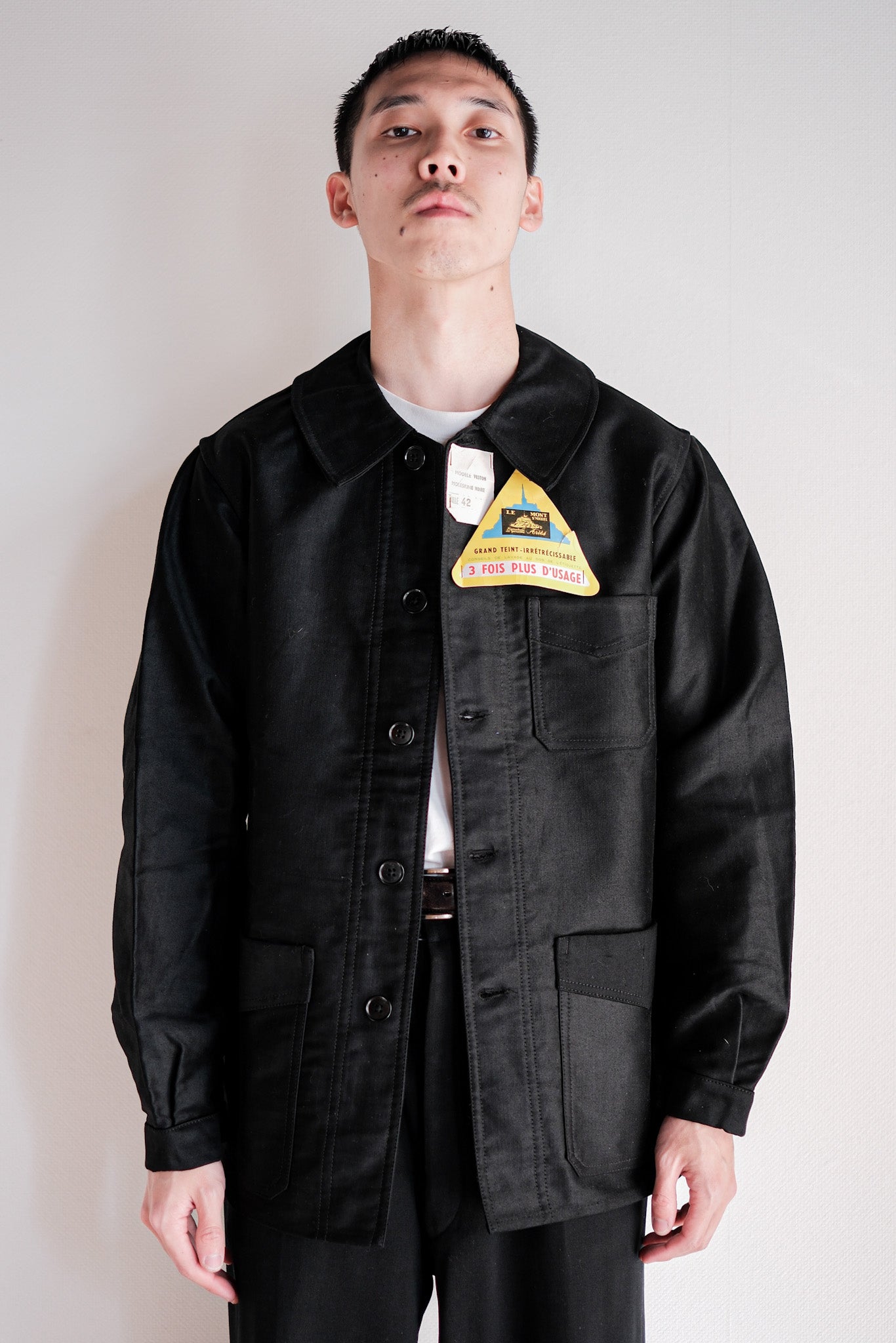 [~ 50's] French Vintage Black Moleskin Work Jacket Size.42 "Le Mont St. Michel" "DEAD STOCK"