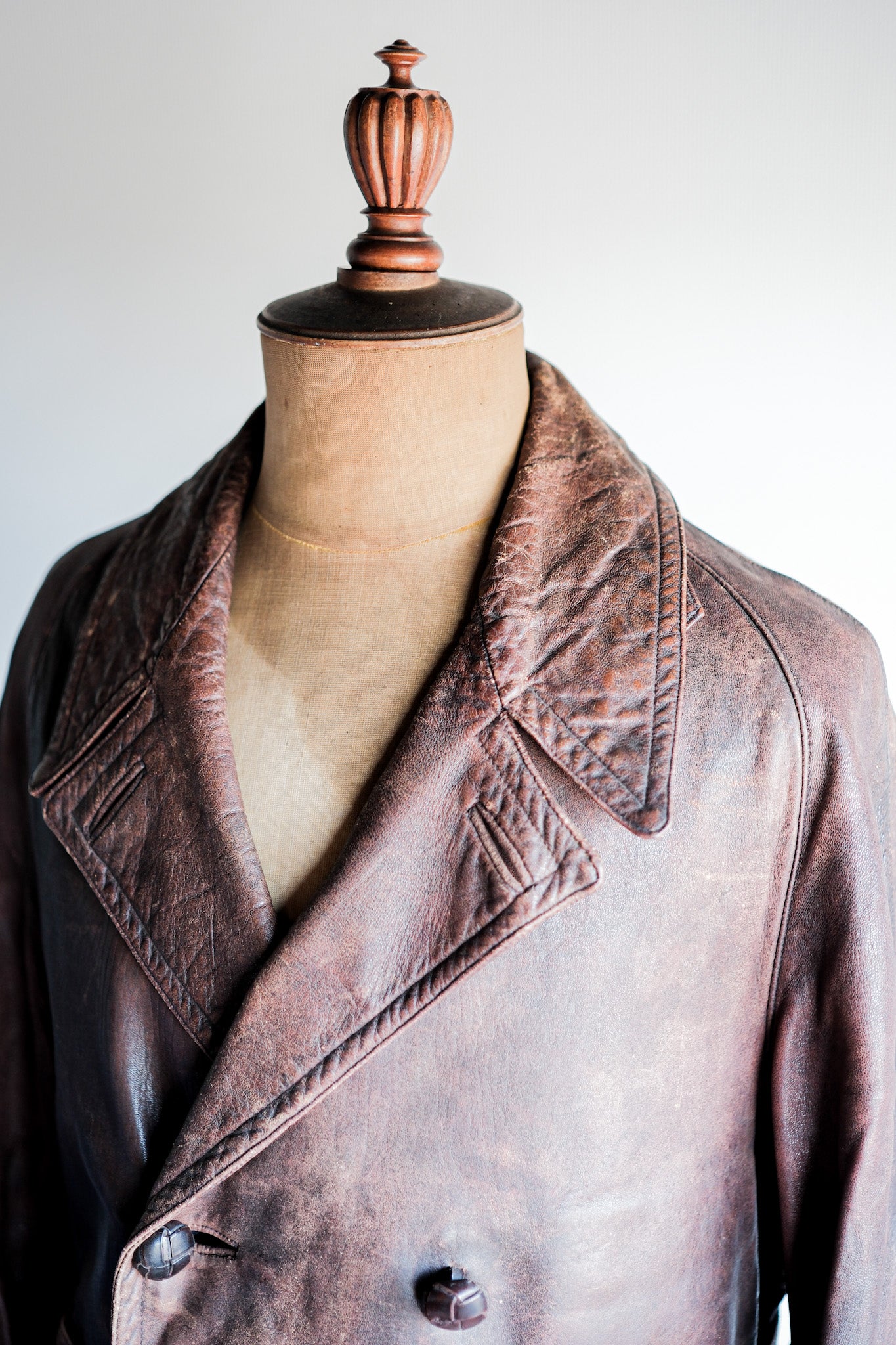 【~40's】French Vintage Double Breasted Brown Leather Coat With Chin Strap