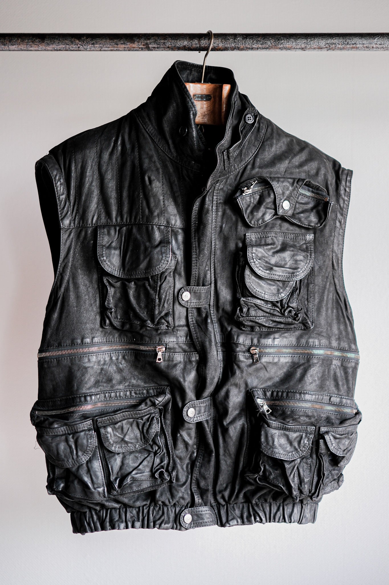 ［~90's］Old Renoma Paris Black Leather Detachable Sleeve Multi Pocket Jacket Size.M