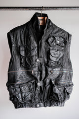 [~90's] Old Renoma Paris Black Leather Detachable Sleeve Multi Pocket Jacket Size.M