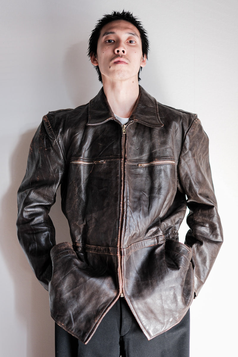 【~50's】French Vintage Cyclist Leather Jacket Size.52 "Adolphe Lafont"