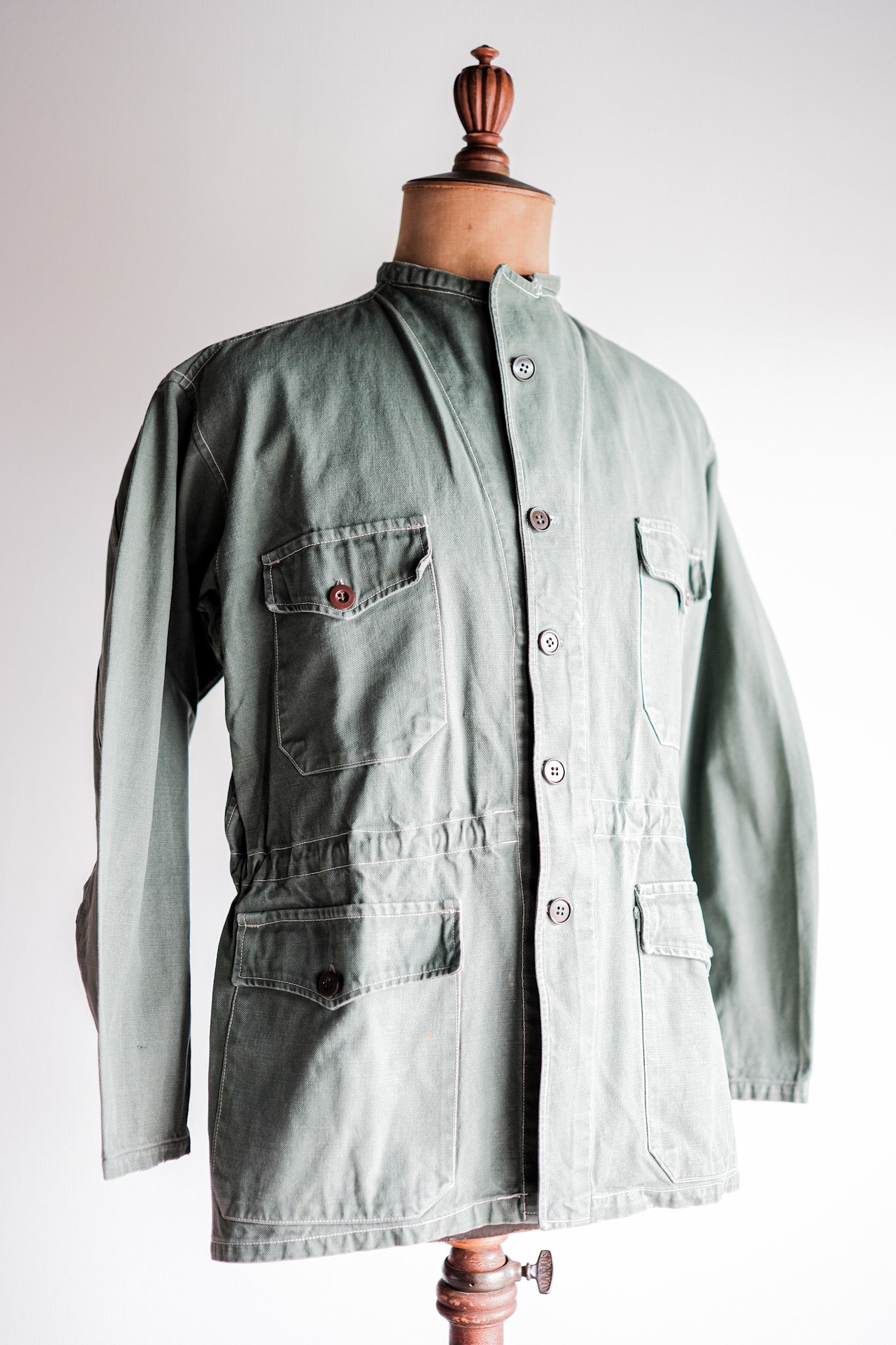 [~ 50's] French Vintage Green Cotton Twill 4 PocketS Work Jacket "Unusual Pattern"
