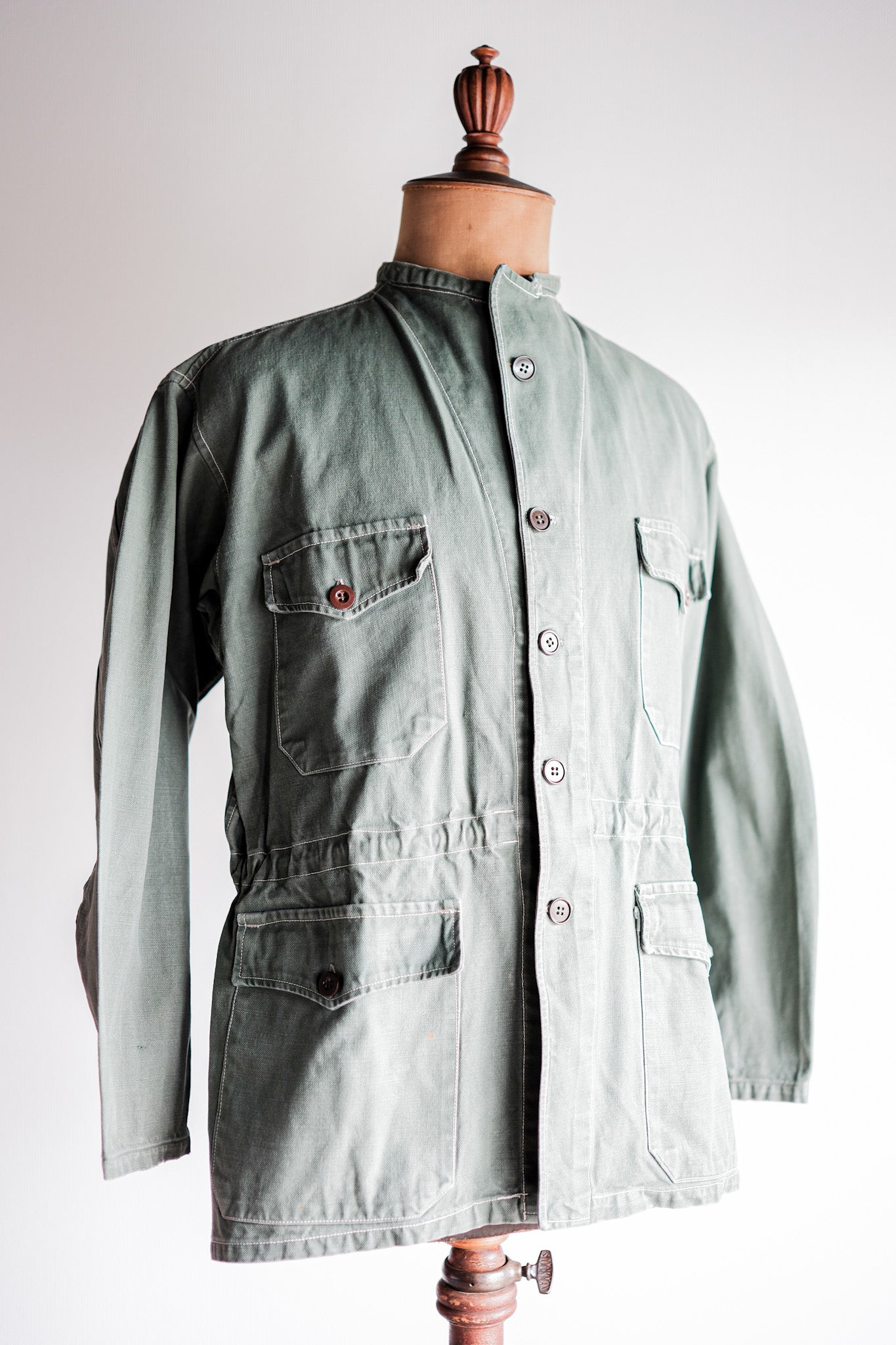 ［~50's］French Vintage Green Cotton Twill 4 Pockets Work Jacket "Unusual Pattern"