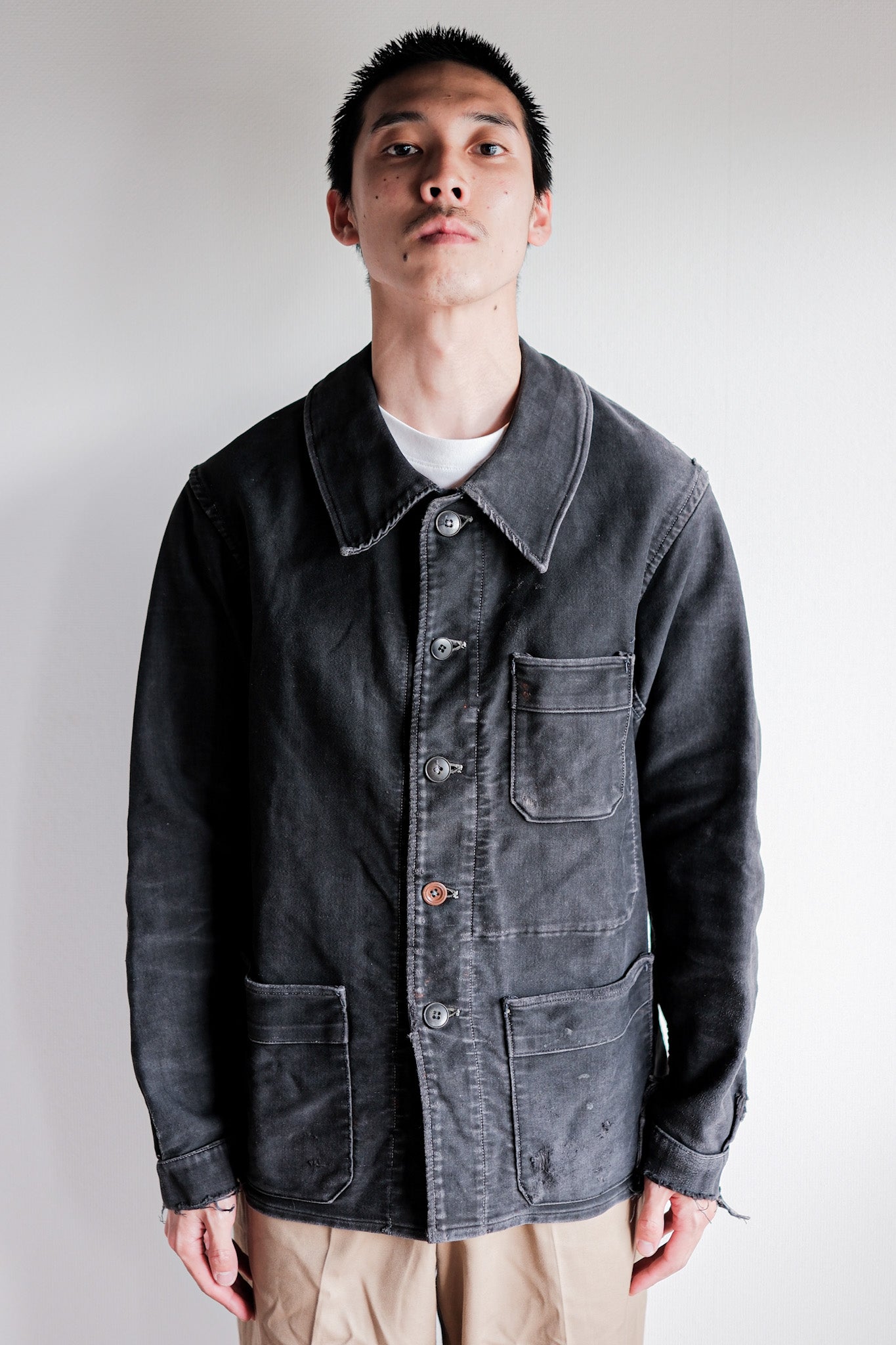 [~ 40's] French Vintage Black Moleskin Work Jacket "Adolphe Lafont"