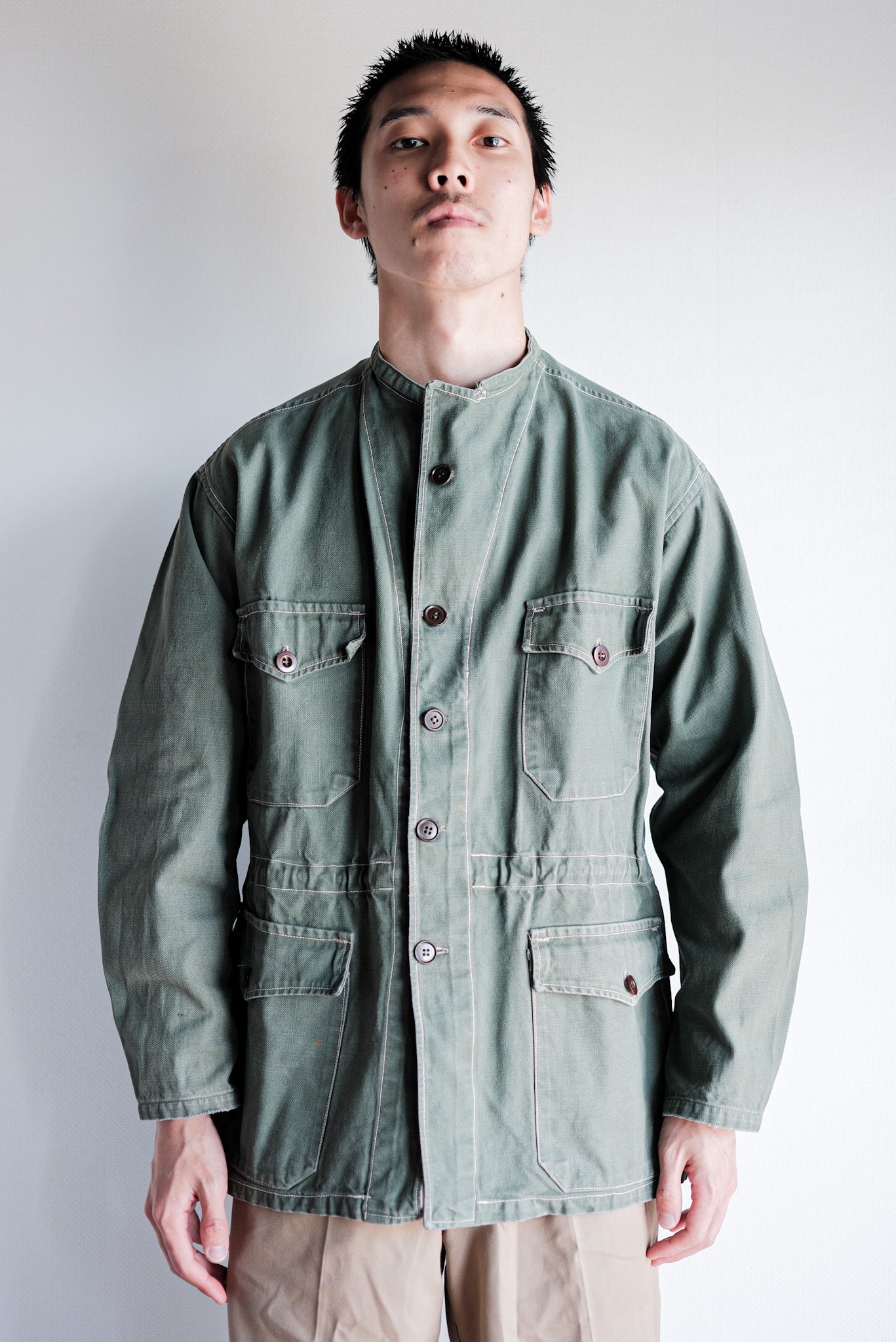 ［~50's］French Vintage Green Cotton Twill 4 Pockets Work Jacket "Unusual Pattern"