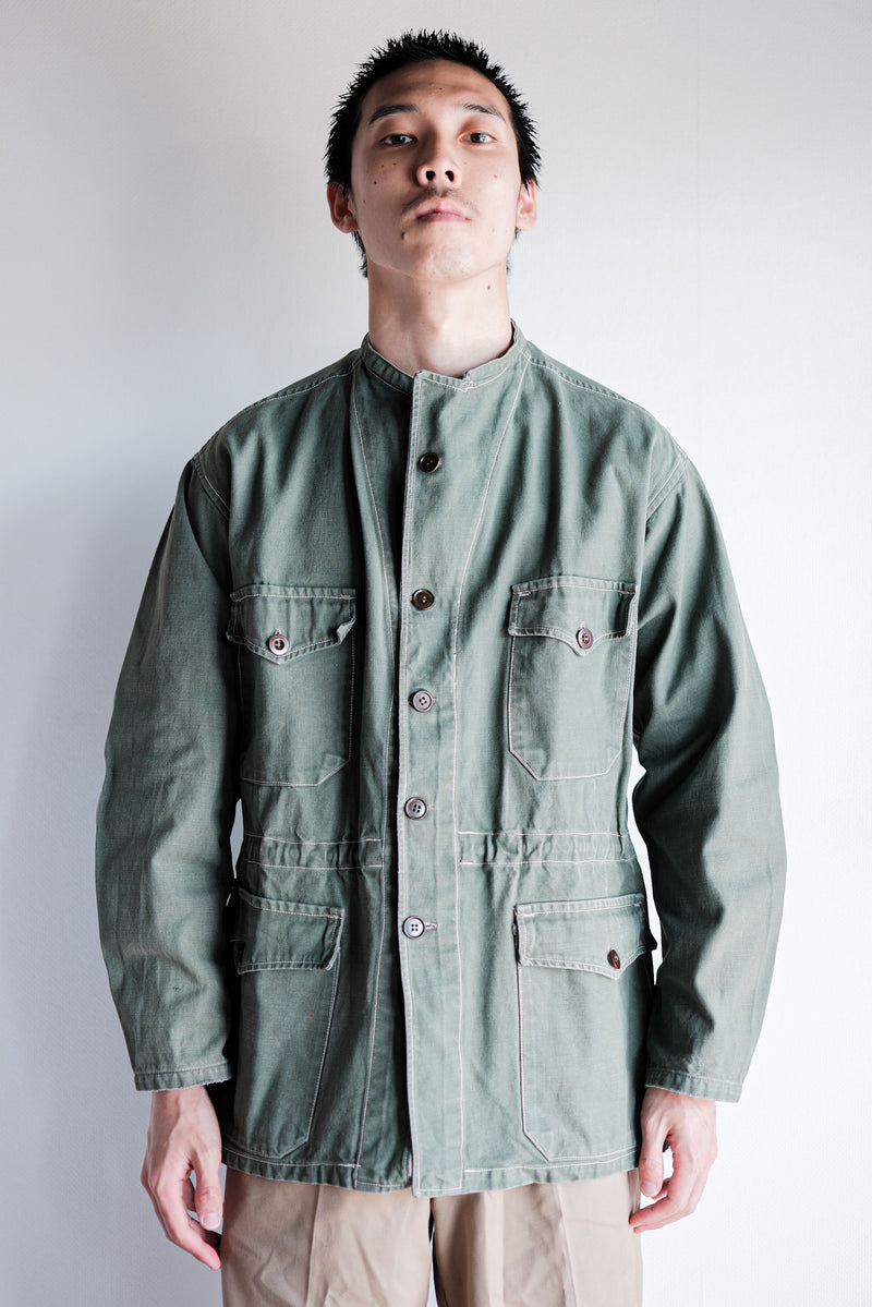 【~50's】French Vintage Green Cotton Twill 4 Pockets Work Jacket "Unusual Pattern"