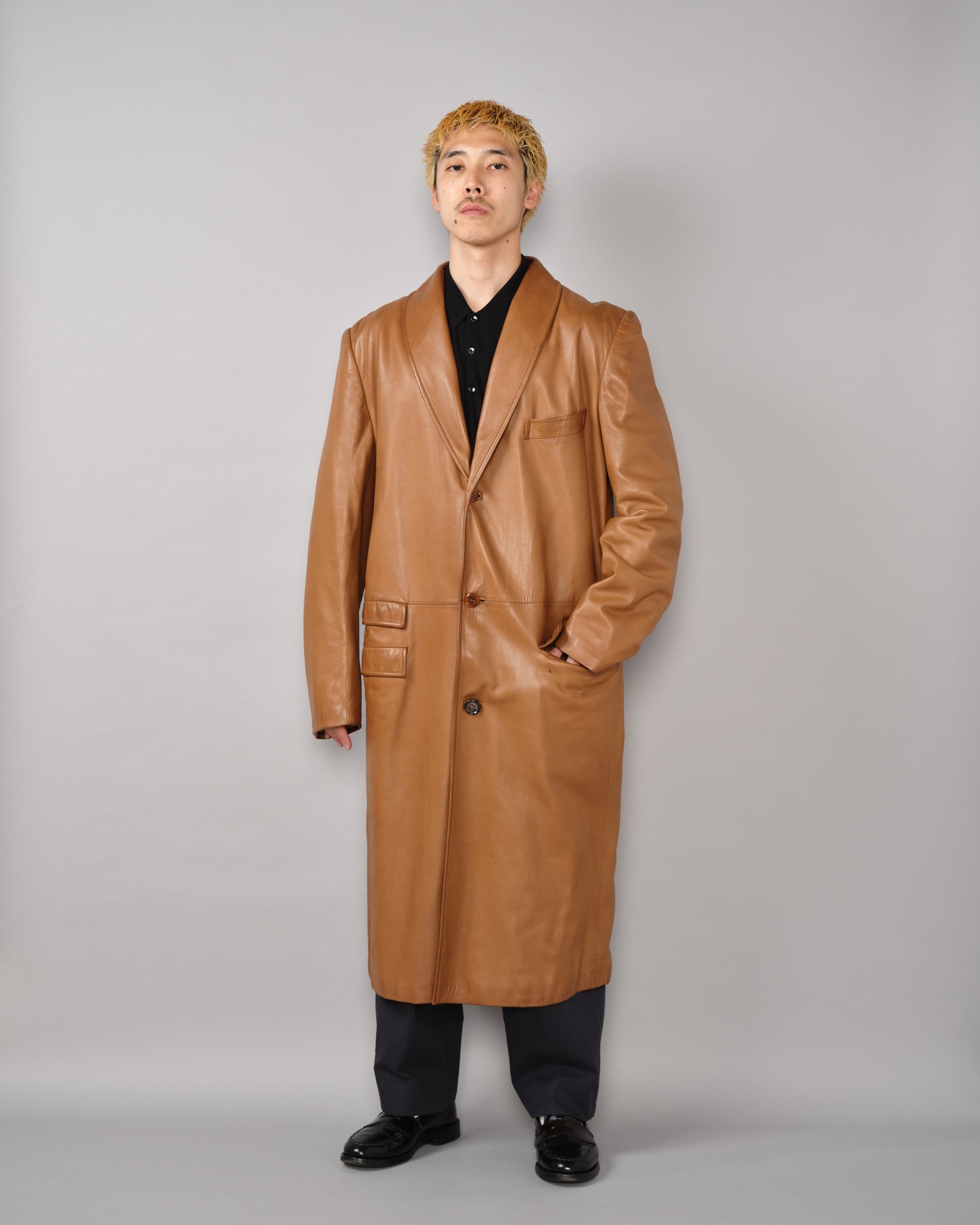 [~70’s] Old GUCCI Lambskin Leather Shawl Collar Coat Size.50