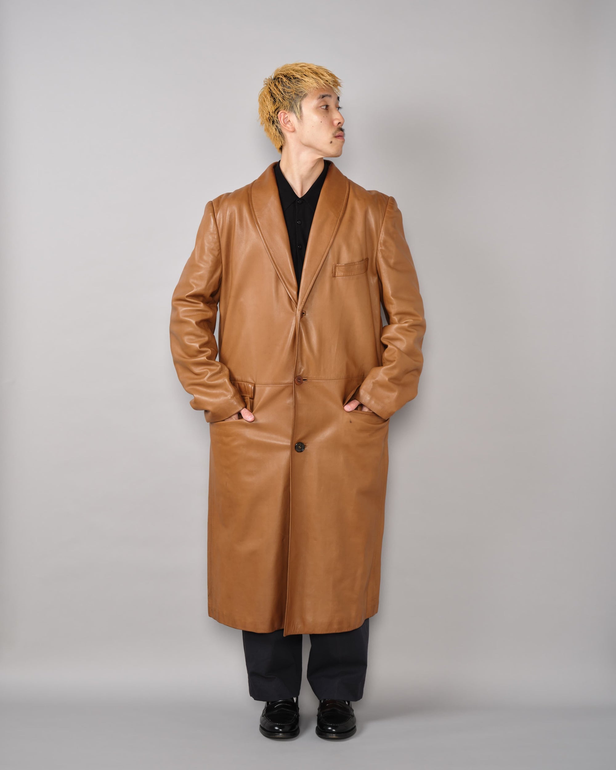 [~70’s] Old GUCCI Lambskin Leather Shawl Collar Coat Size.50