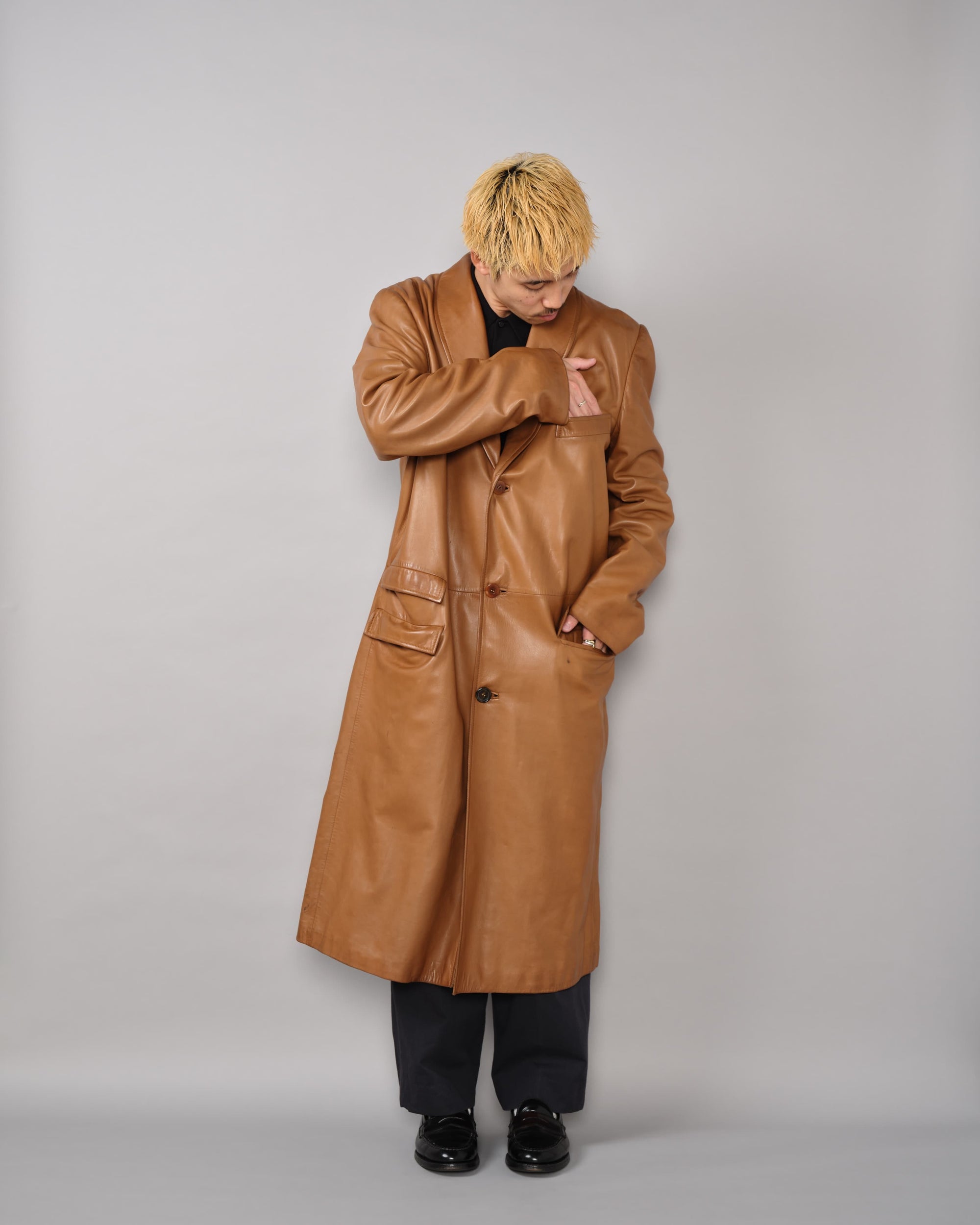 [~70’s] Old GUCCI Lambskin Leather Shawl Collar Coat Size.50