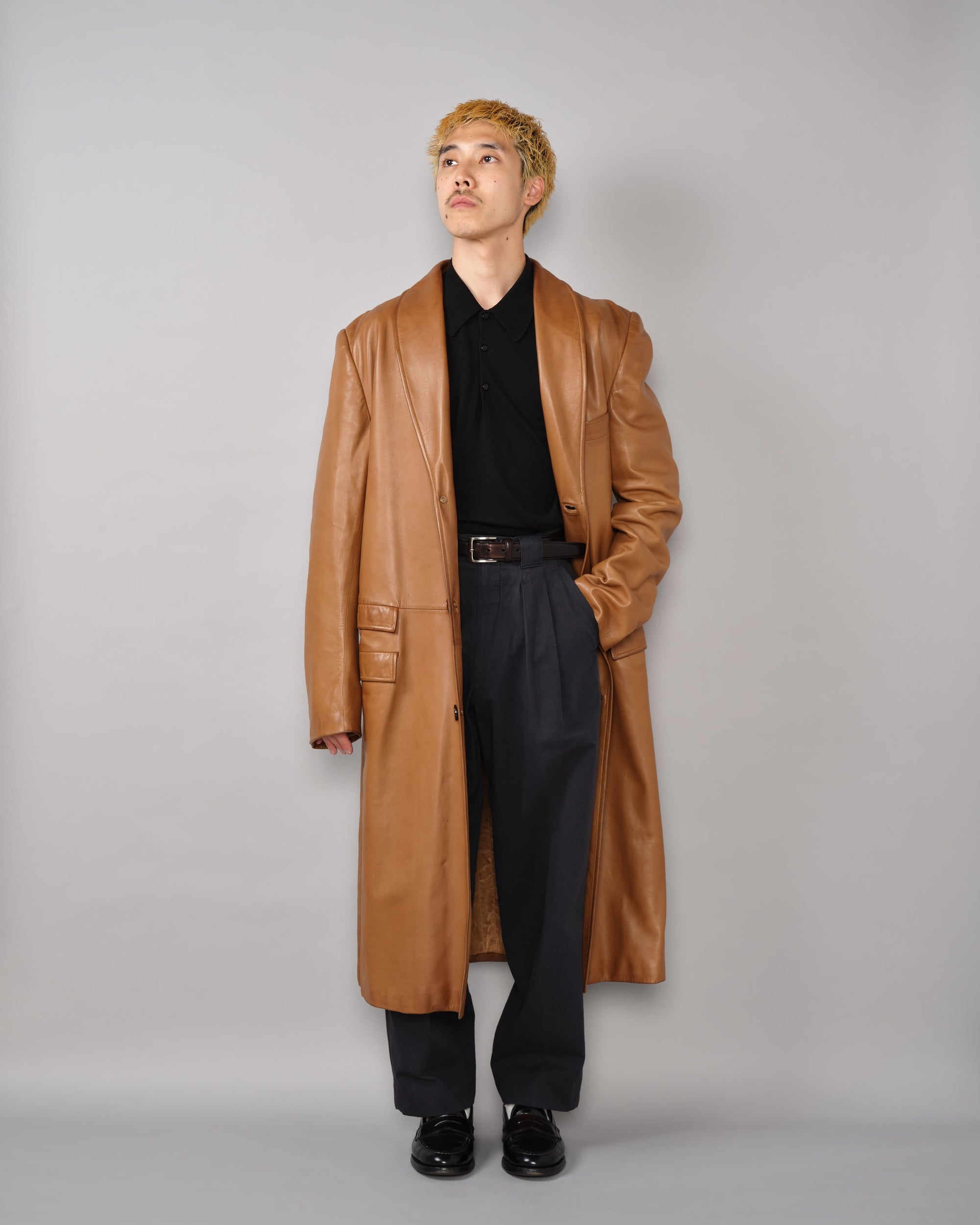 [~70’s] Old GUCCI Lambskin Leather Shawl Collar Coat Size.50