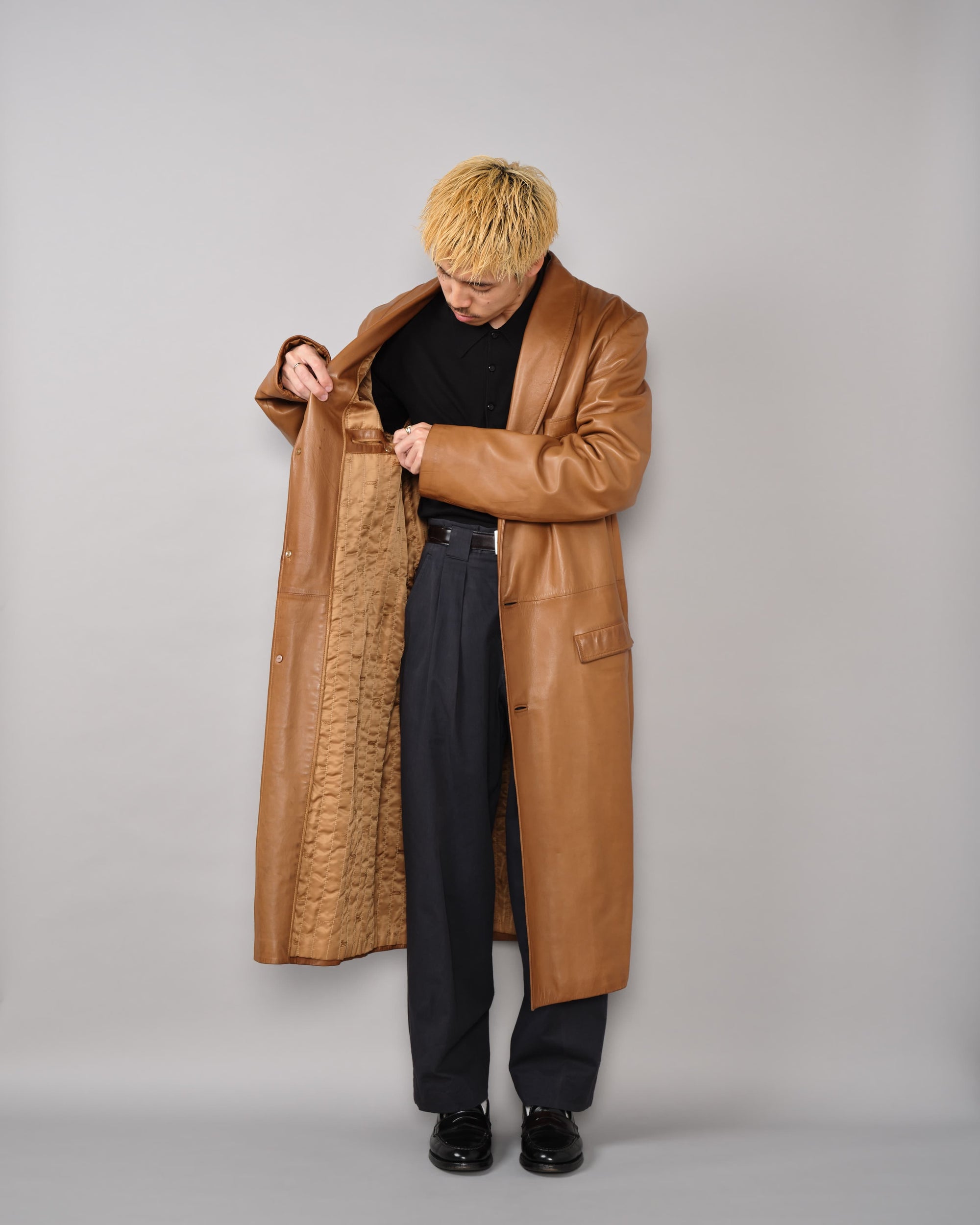 [~70’s] Old GUCCI Lambskin Leather Shawl Collar Coat Size.50