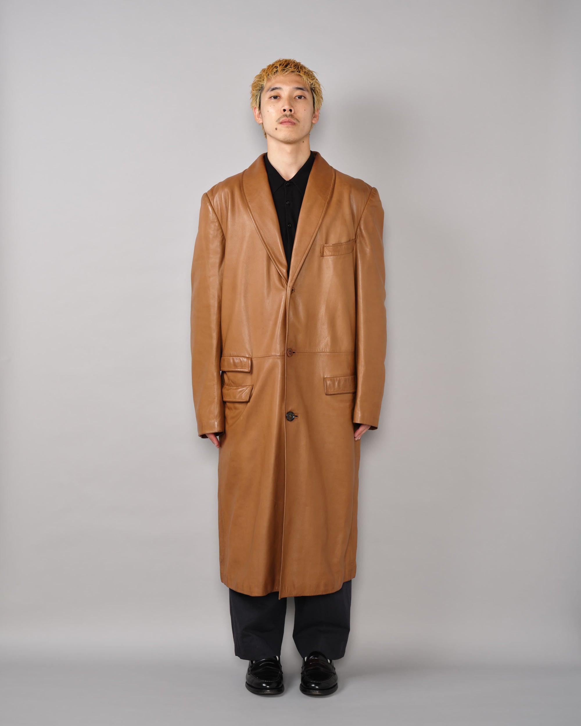 [~70’s] Old GUCCI Lambskin Leather Shawl Collar Coat Size.50