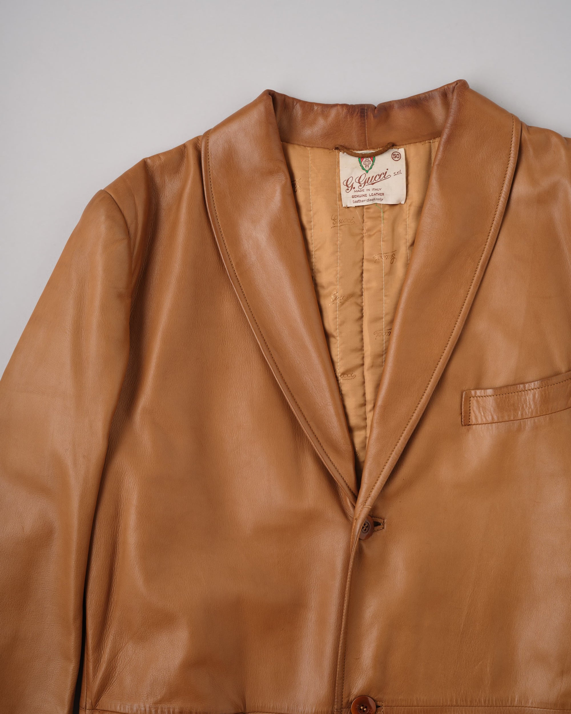 [~70’s] Old GUCCI Lambskin Leather Shawl Collar Coat Size.50