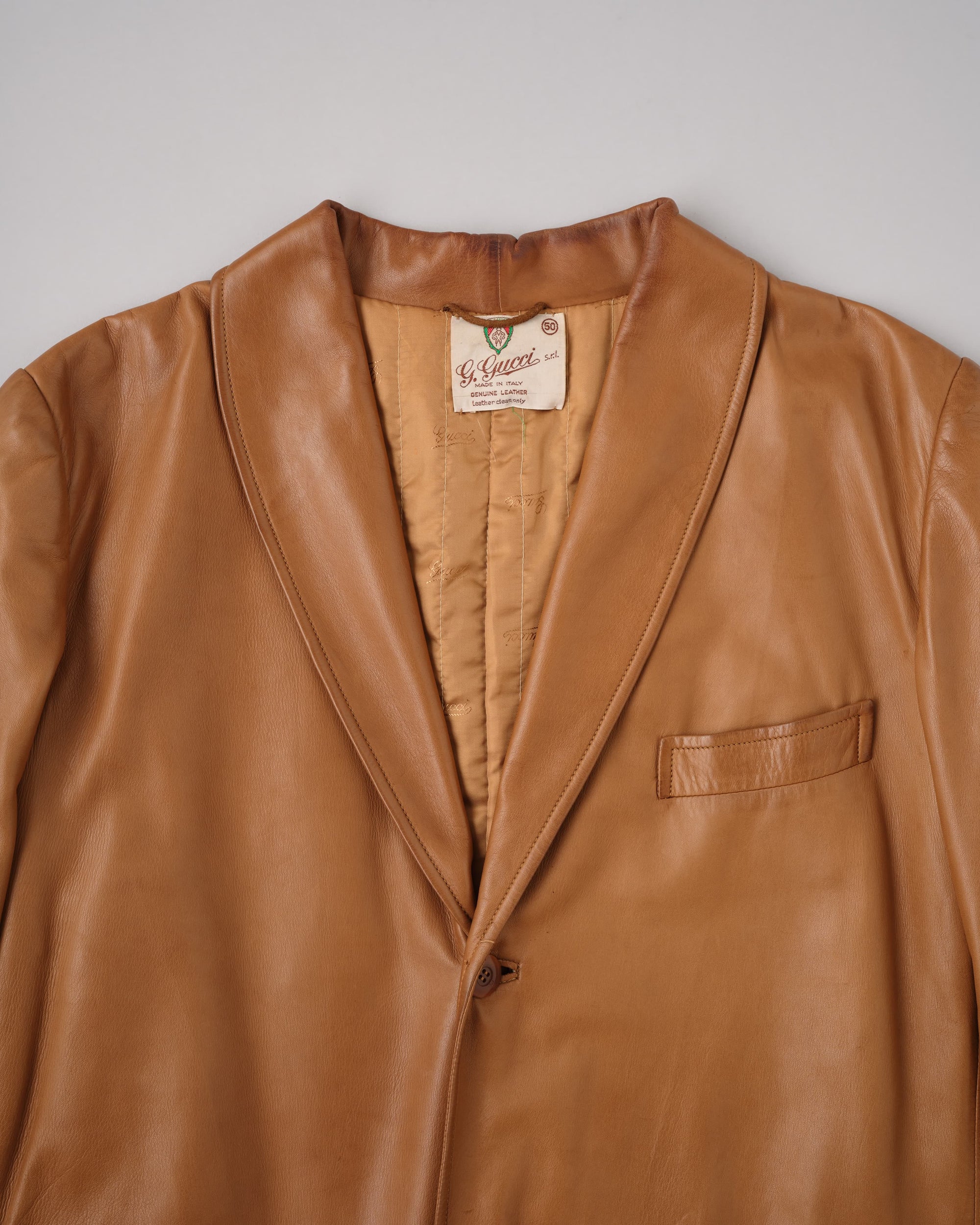 [~70’s] Old GUCCI Lambskin Leather Shawl Collar Coat Size.50