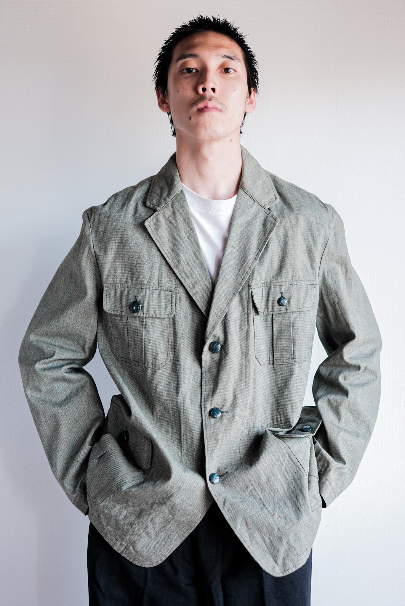 ［~40's］German Vintage Green Chambray 4 Pockets Lapel Work Jacket “Dead Stock”