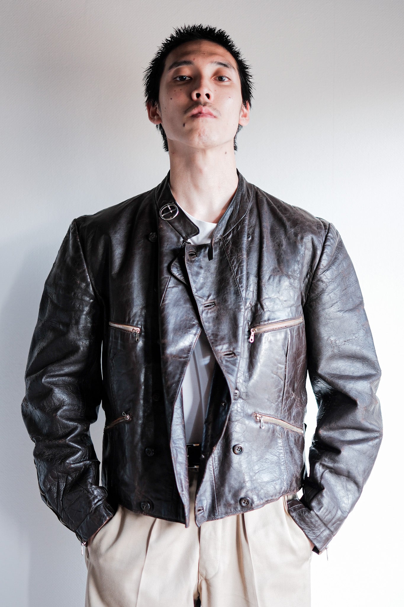 【~40's】German Vintage Double Breasted Motorcycle Leather Jacket