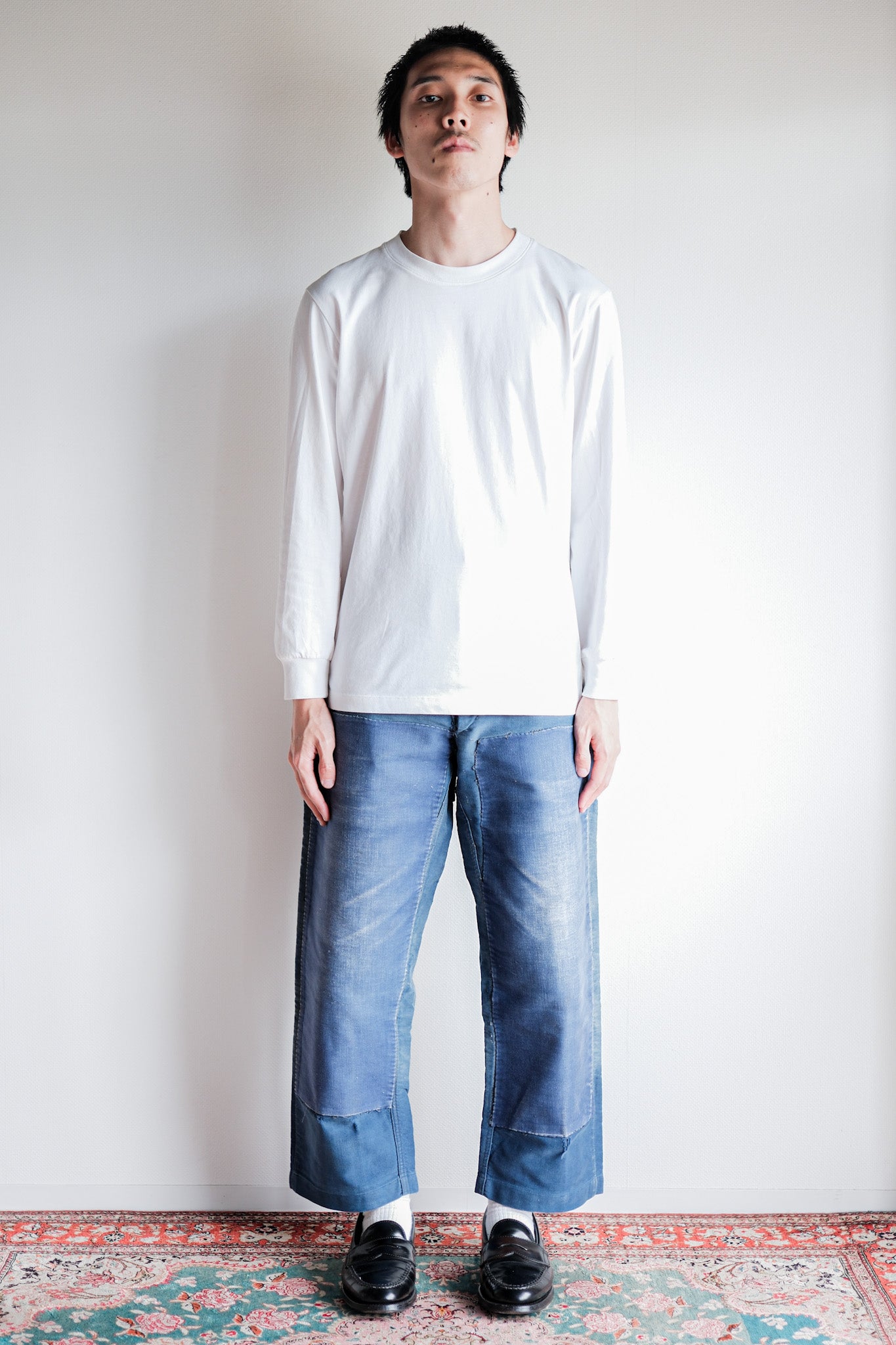 【~30's】French Vintage Blue Moleskin Work Pants "Patchwork"