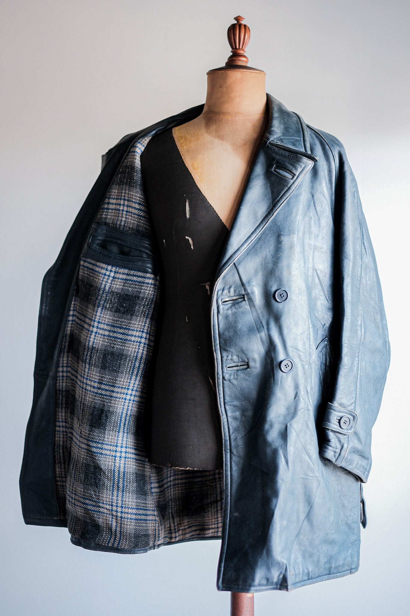 ［~50's］French Vintage Double Breasted Leather Work Coat With Chin Strap