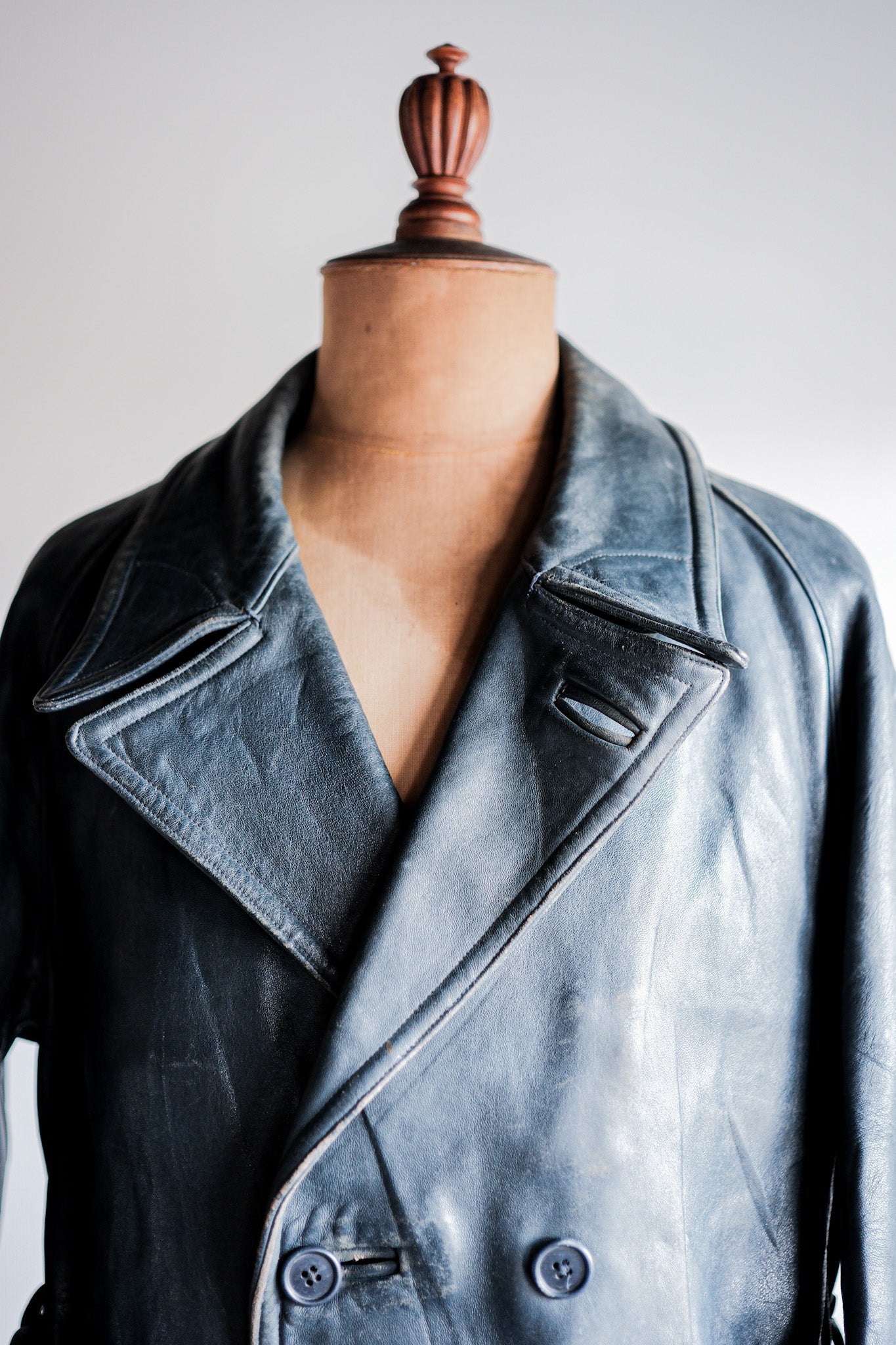 ［~50's］French Vintage Double Breasted Leather Work Coat With Chin Strap