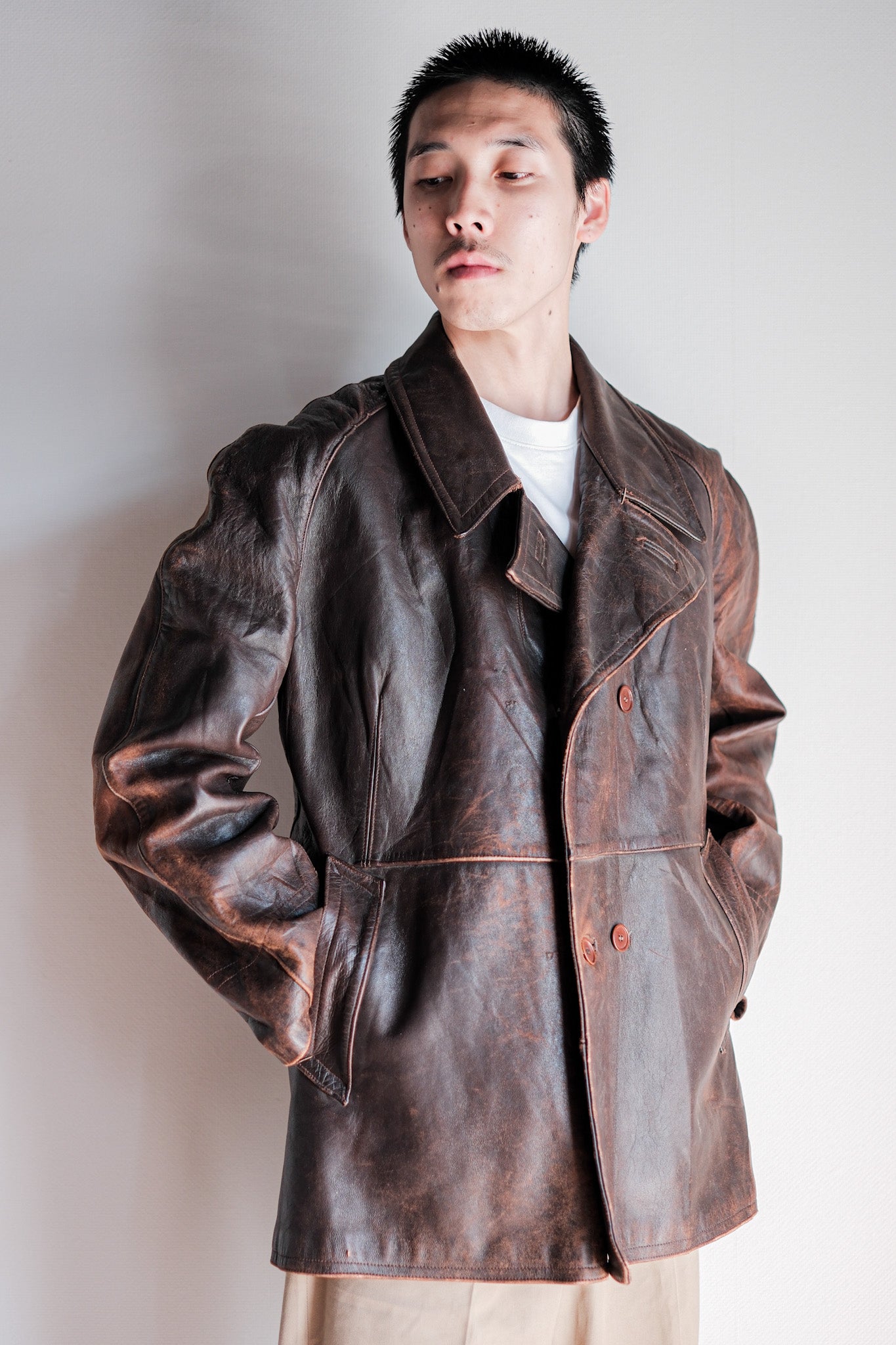 ［~50's］French Army Motorcycle Leather Jacket Size.B2