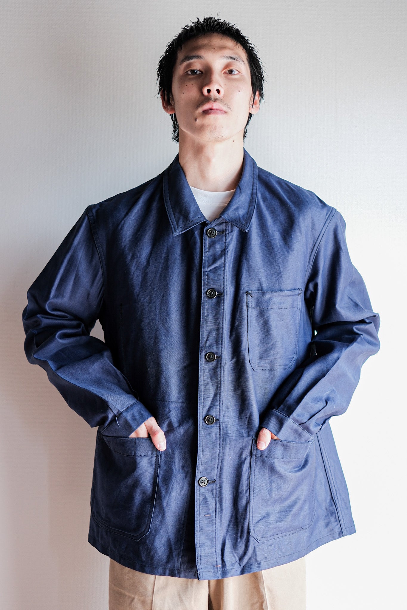 [〜50年代]法國復古藍色的薄型瘦弱的工作夾克“撥孔”“死庫存”