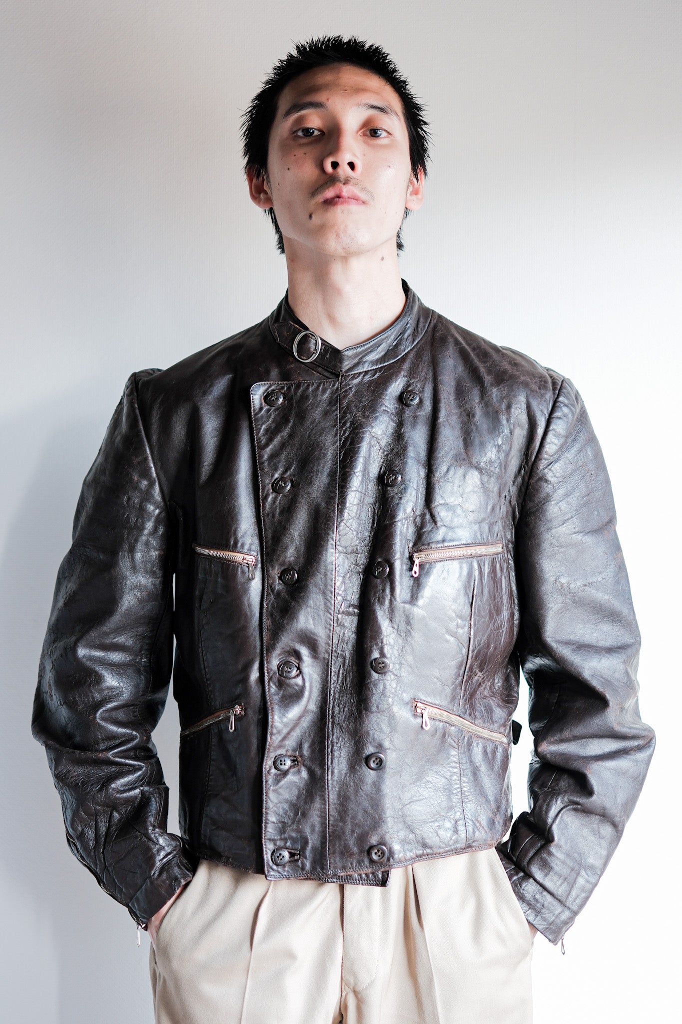 【~40's】German Vintage Double Breasted Motorcycle Leather Jacket