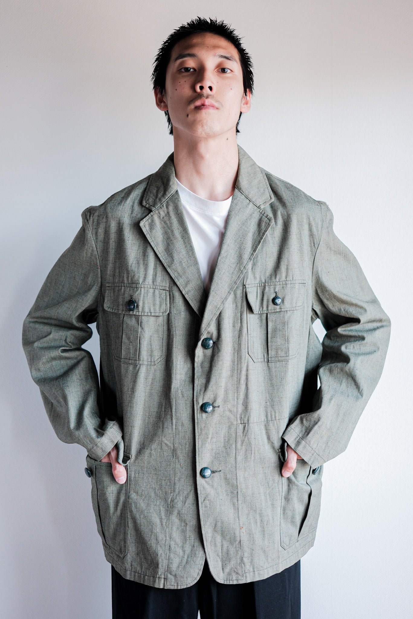 ［~40's］German Vintage Green Chambray 4 Pockets Lapel Work Jacket “Dead Stock”