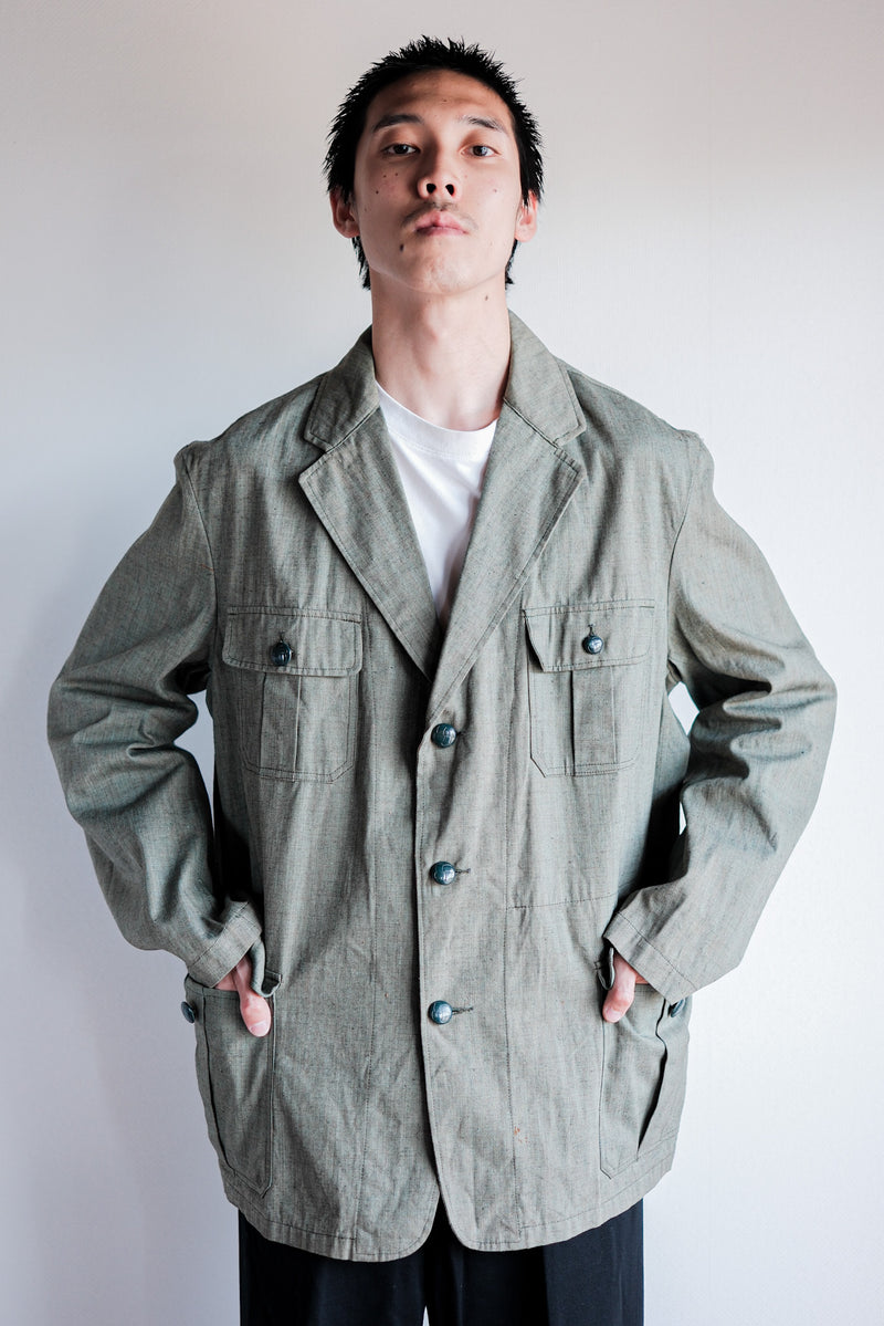 40's】German Vintage Green Chambray 4 Pockets Lapel Work Jacket