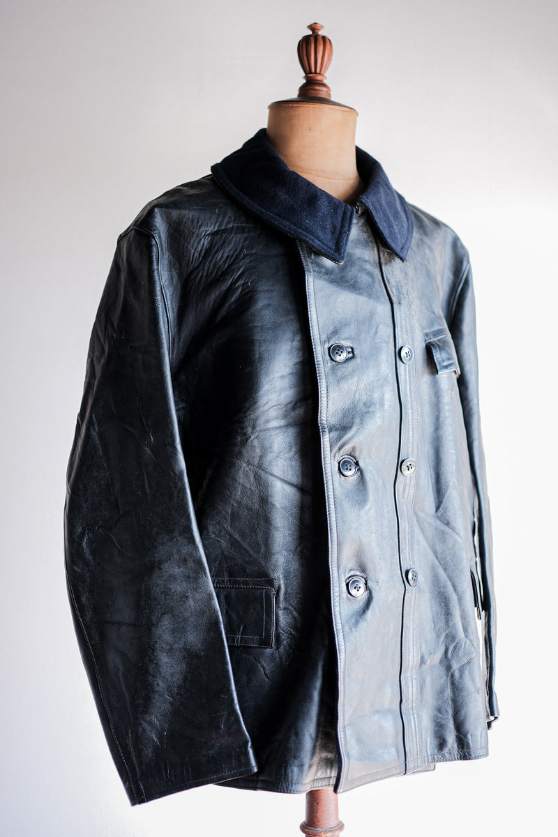 'sFrench Vintage Le Corbusier Leather Work Jacket "Wool Collar