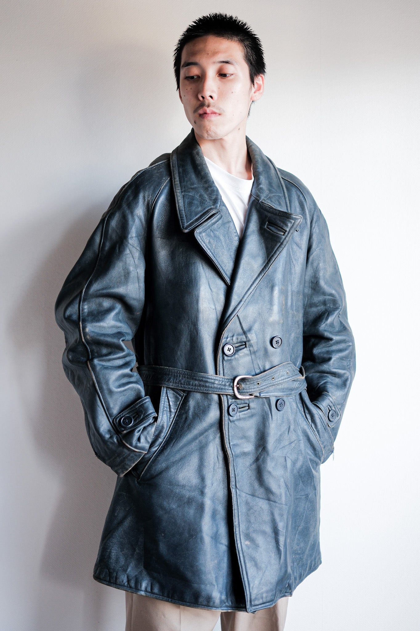 ［~50's］French Vintage Double Breasted Leather Work Coat With Chin Strap