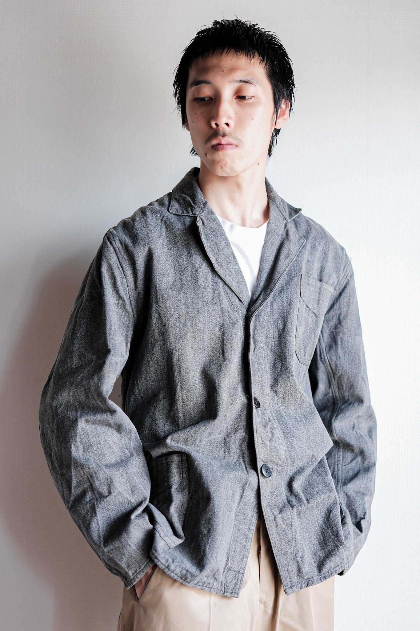 ［~40’s］French Vintage Salt & Pepper Cotton Lapel Work Jacket