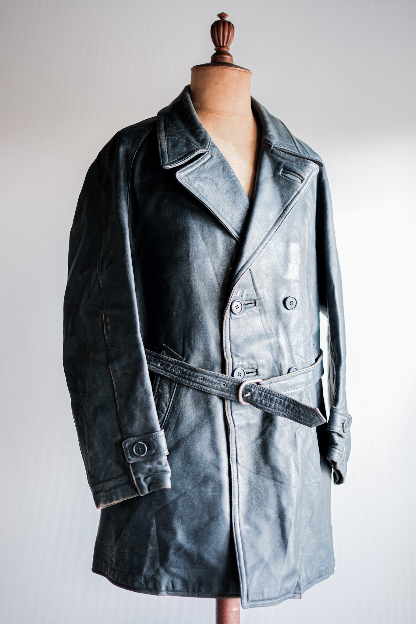 ［~50's］French Vintage Double Breasted Leather Work Coat With Chin Strap