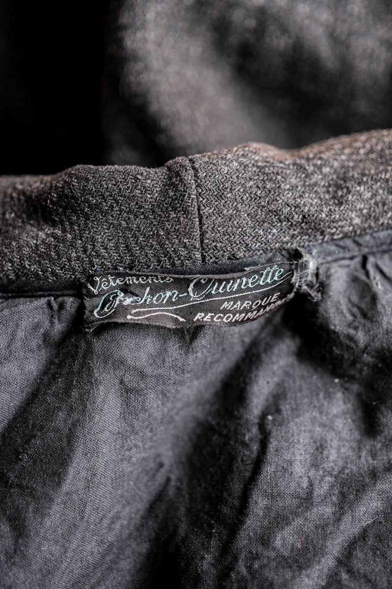 [~30's] French Vintage Grey Wool Hunting Jacket With Chin Strap "Boro"