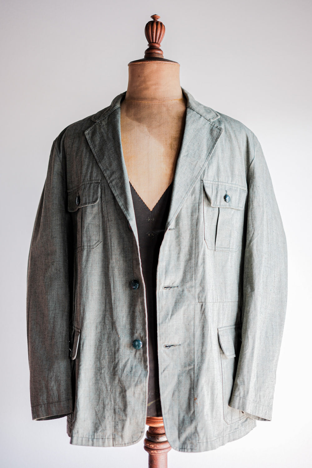 ［~40's］German Vintage Green Chambray 4 Pockets Lapel Work Jacket “Dead Stock”