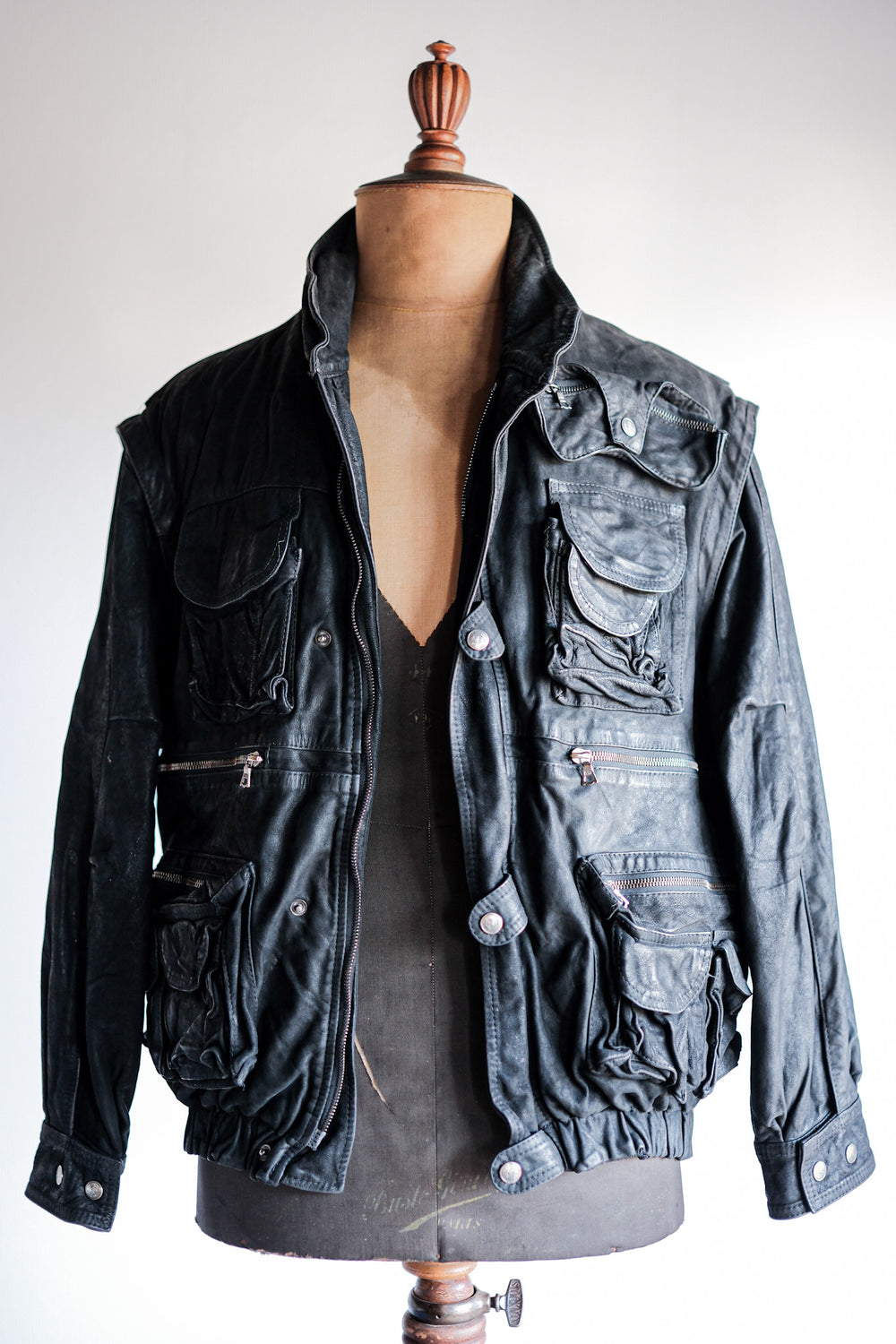 ［~90's］Old Renoma Paris Black Leather Detachable Sleeve Multi Pocket Jacket Size.M