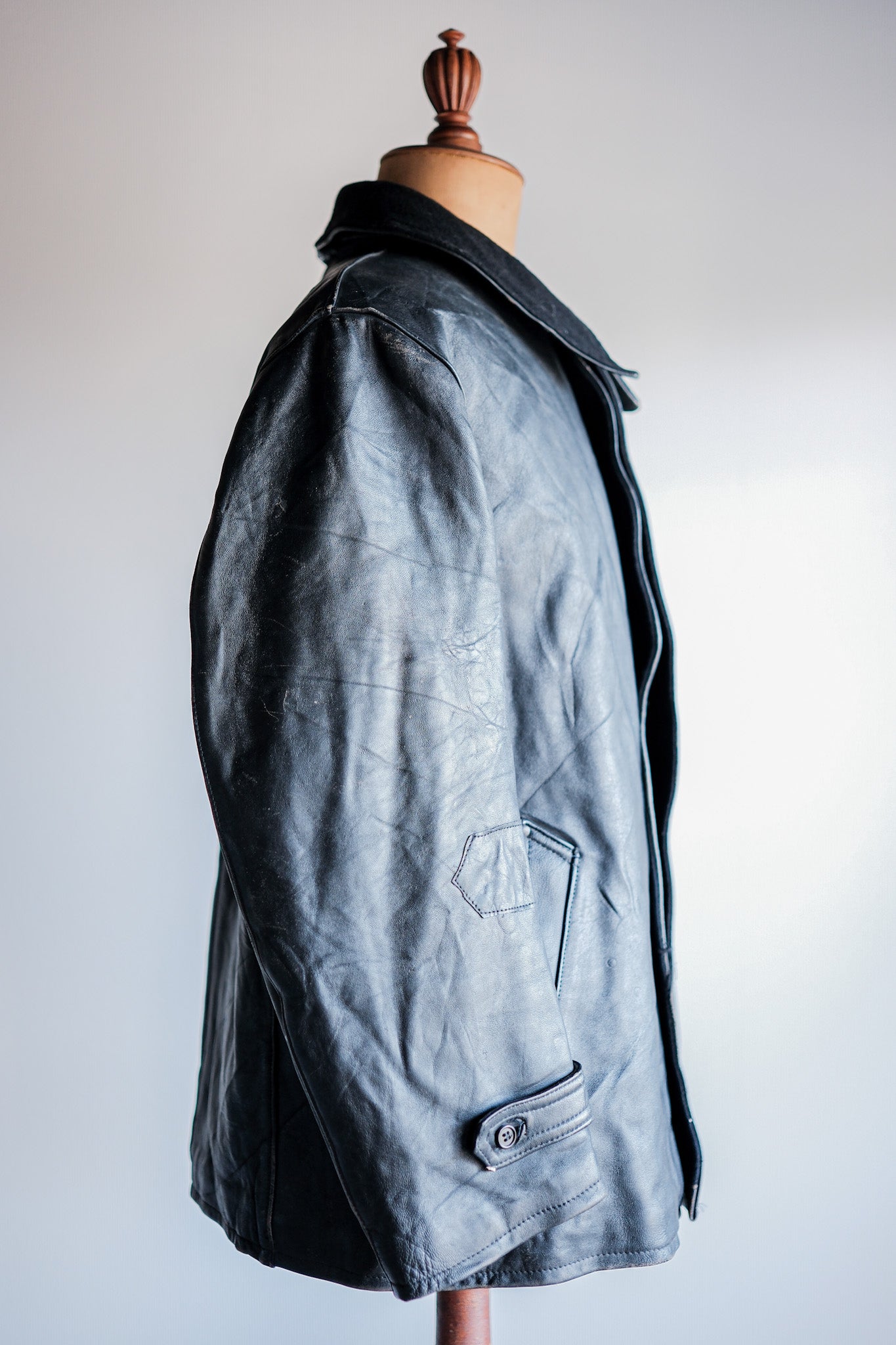 ［~60's］French Vintage Black Leather Work Jacket "Wool Collar"