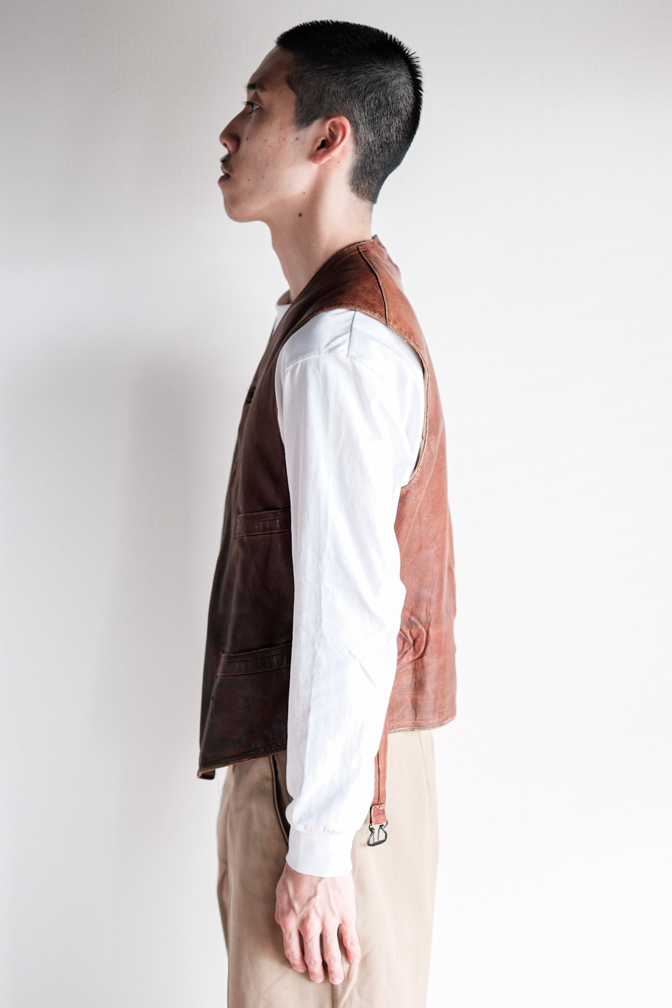 【~50's】French Vintage Brown Leather Work Gilet