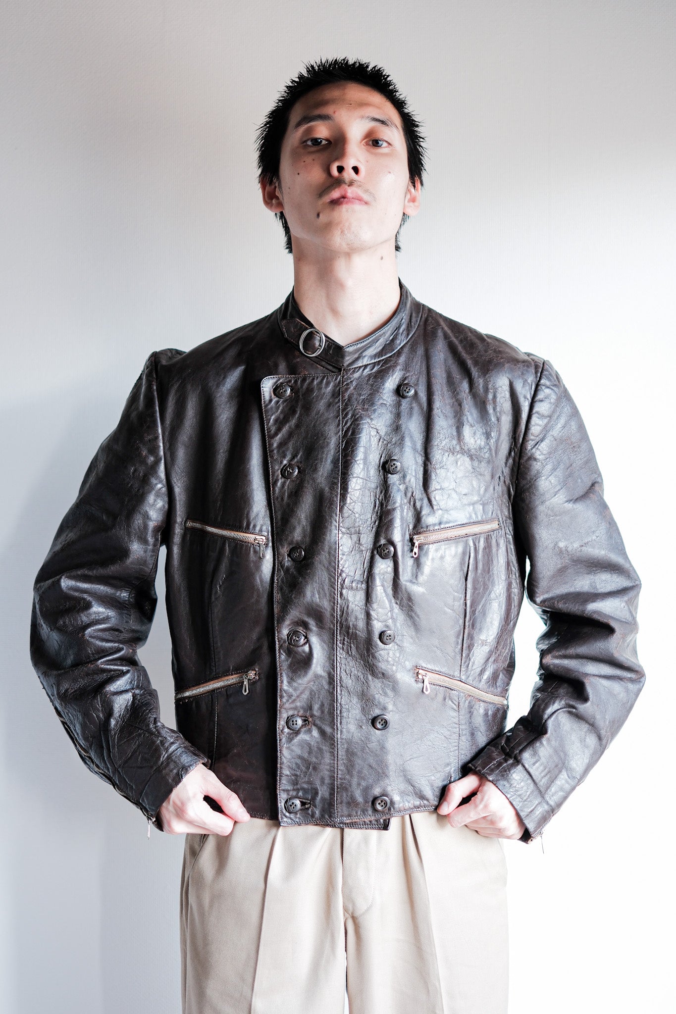 40's】German Vintage Double Breasted Motorcycle Leather Jacket