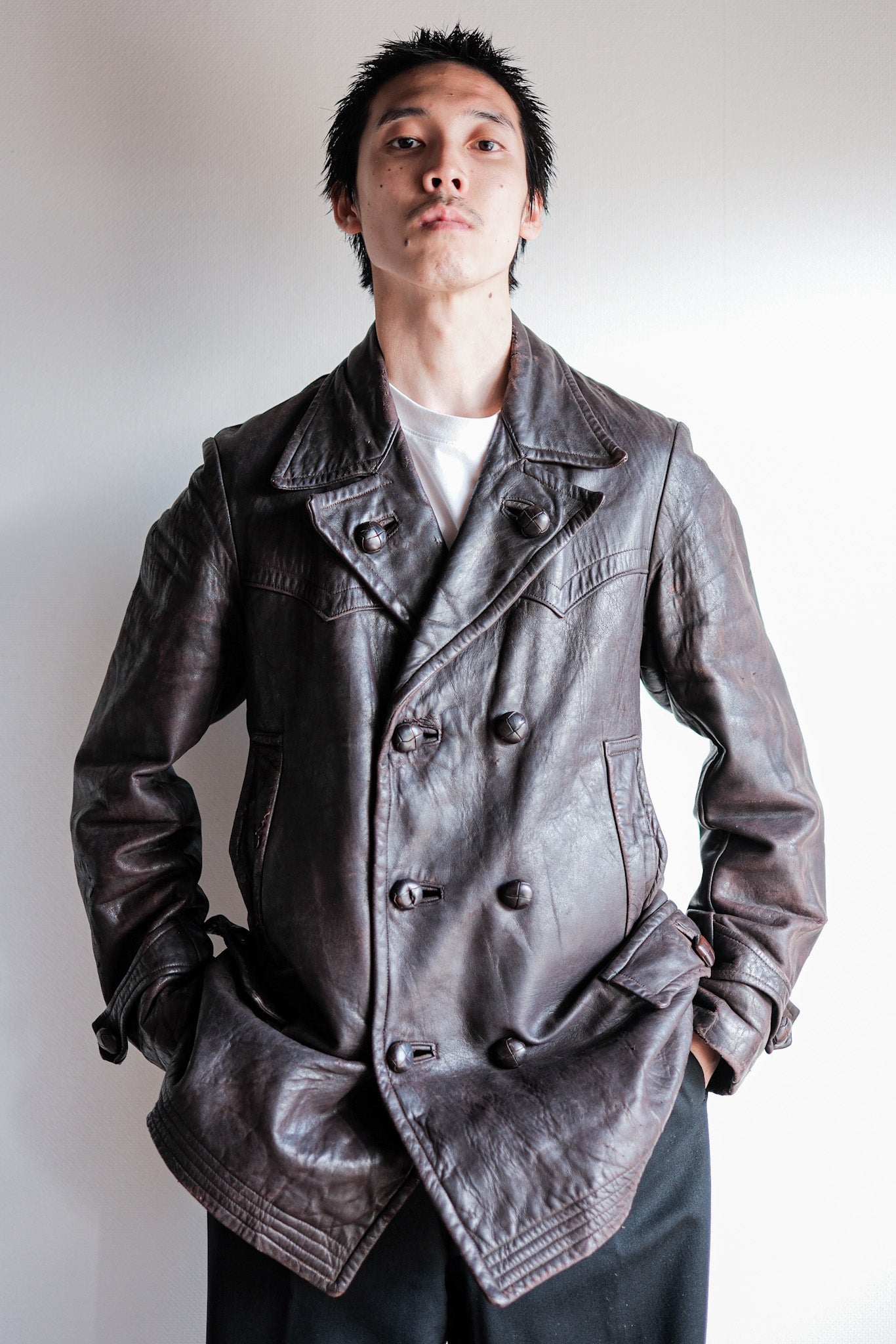 【~30's】German Vintage Double Breasted Motorcycle Leather Jacket