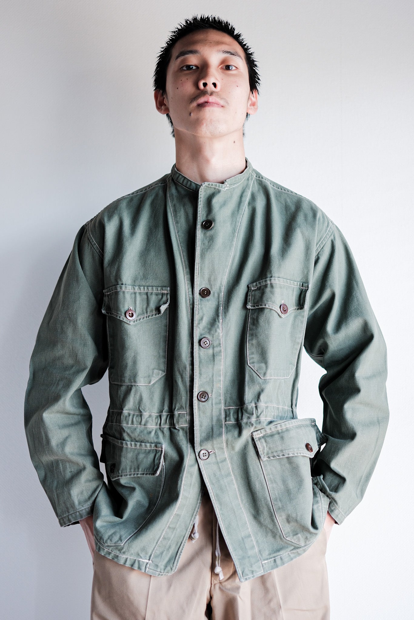 ［~50's］French Vintage Green Cotton Twill 4 Pockets Work Jacket "Unusual Pattern"